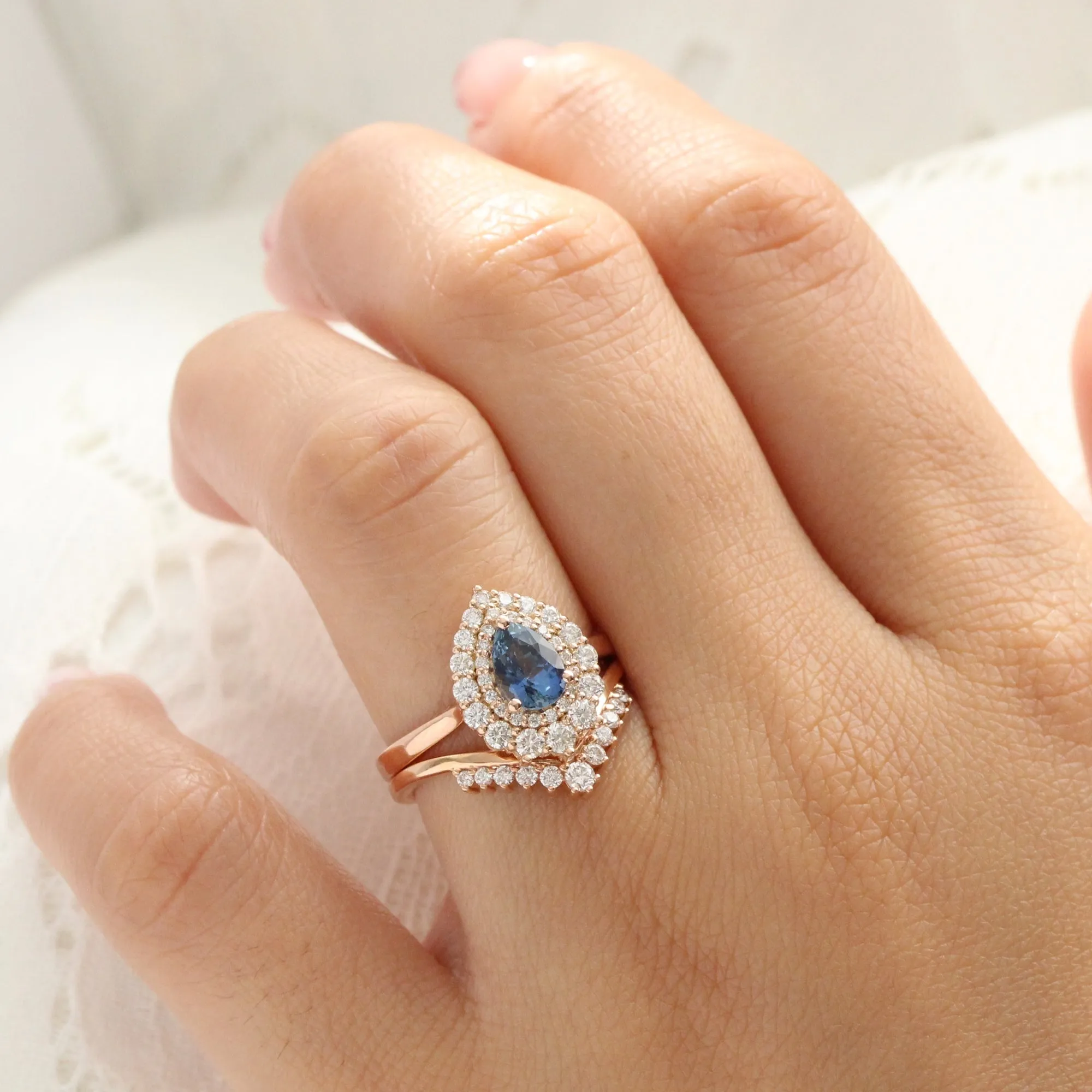 1.63 Ct Peacock Blue Sapphire Ring in 14k Rose Gold Double Halo Diamond, Size 6.5