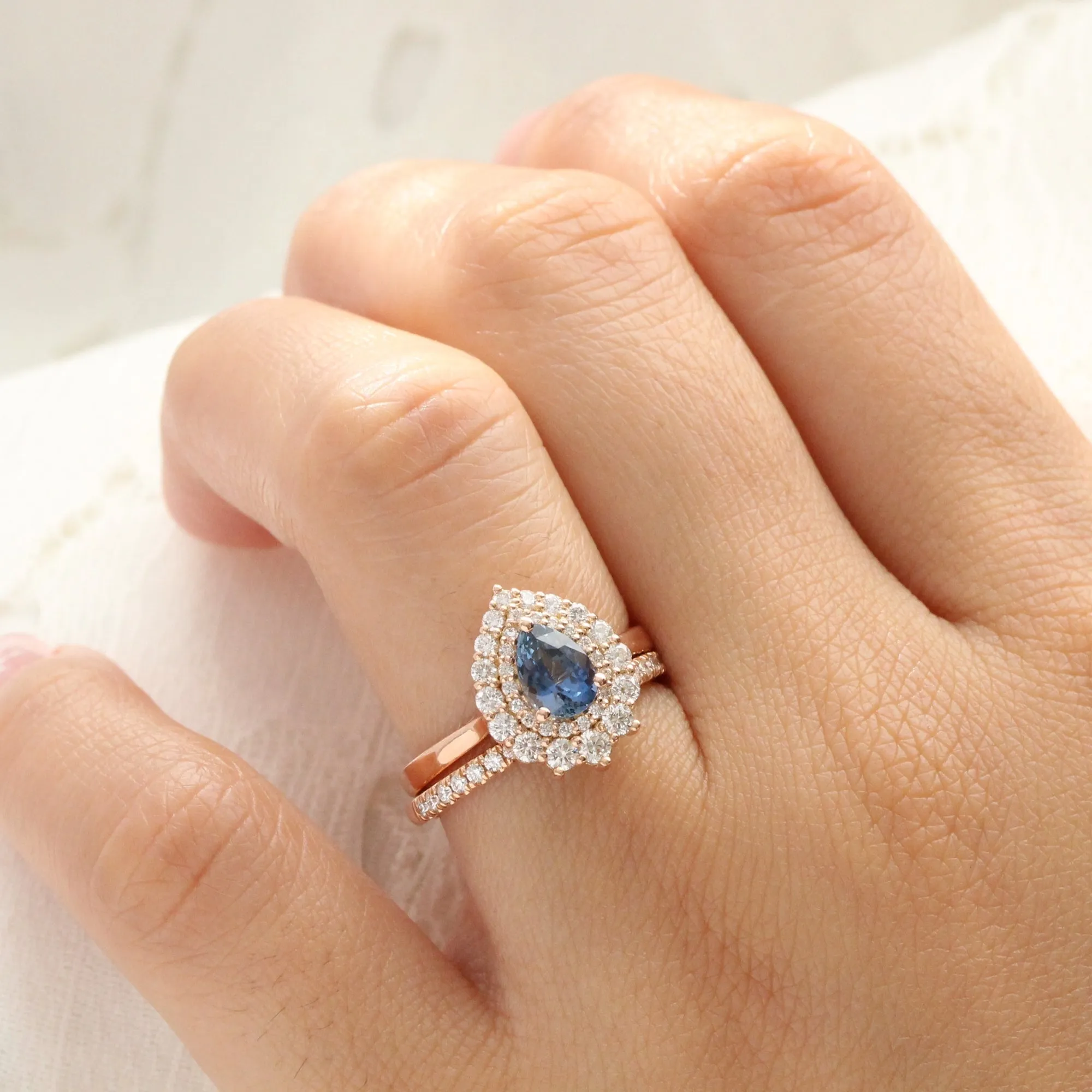 1.63 Ct Peacock Blue Sapphire Ring in 14k Rose Gold Double Halo Diamond, Size 6.5