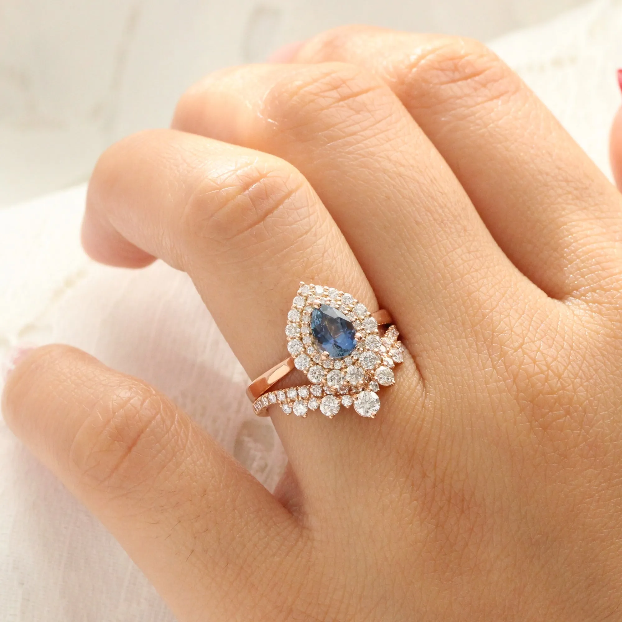 1.63 Ct Peacock Blue Sapphire Ring in 14k Rose Gold Double Halo Diamond, Size 6.5