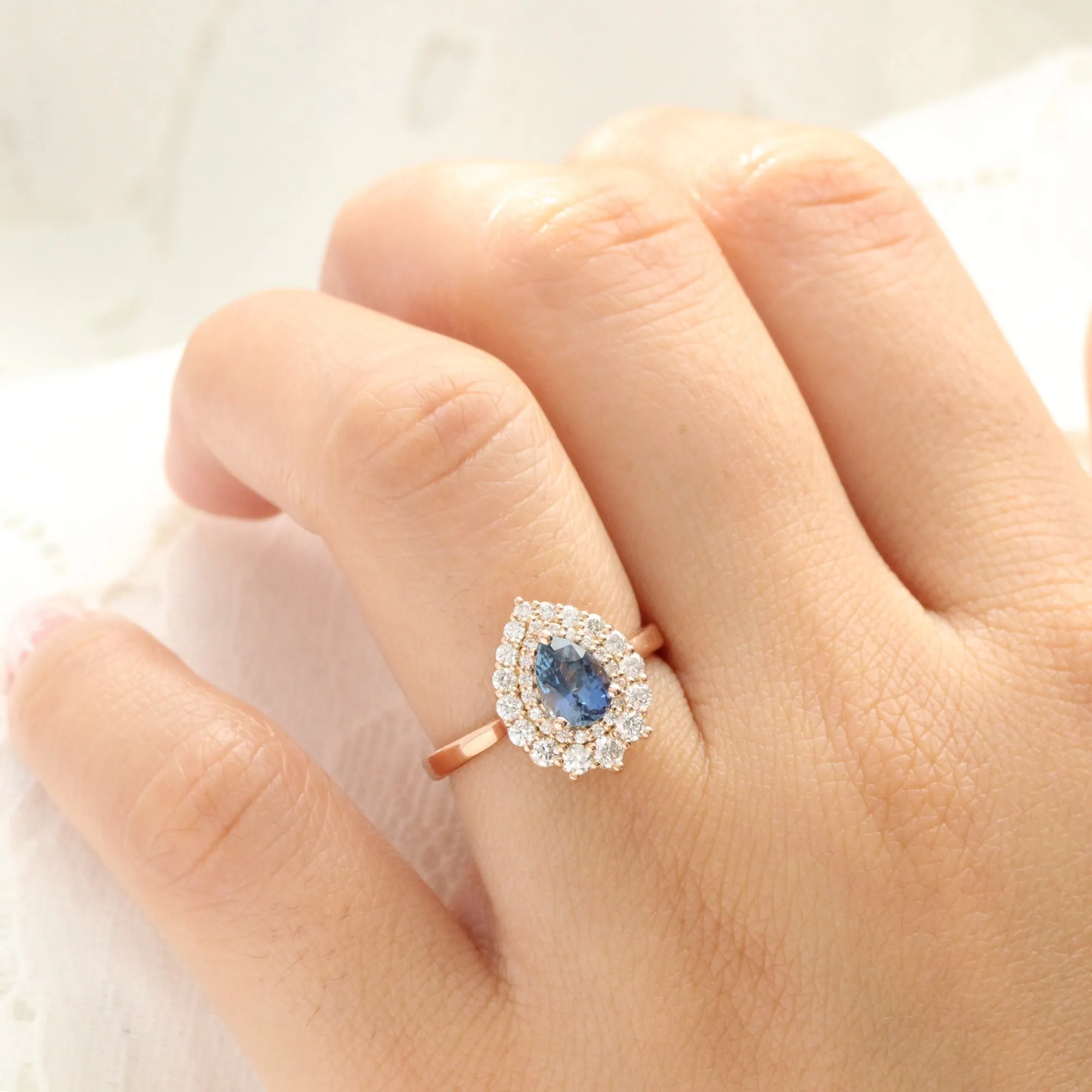 1.63 Ct Peacock Blue Sapphire Ring in 14k Rose Gold Double Halo Diamond, Size 6.5