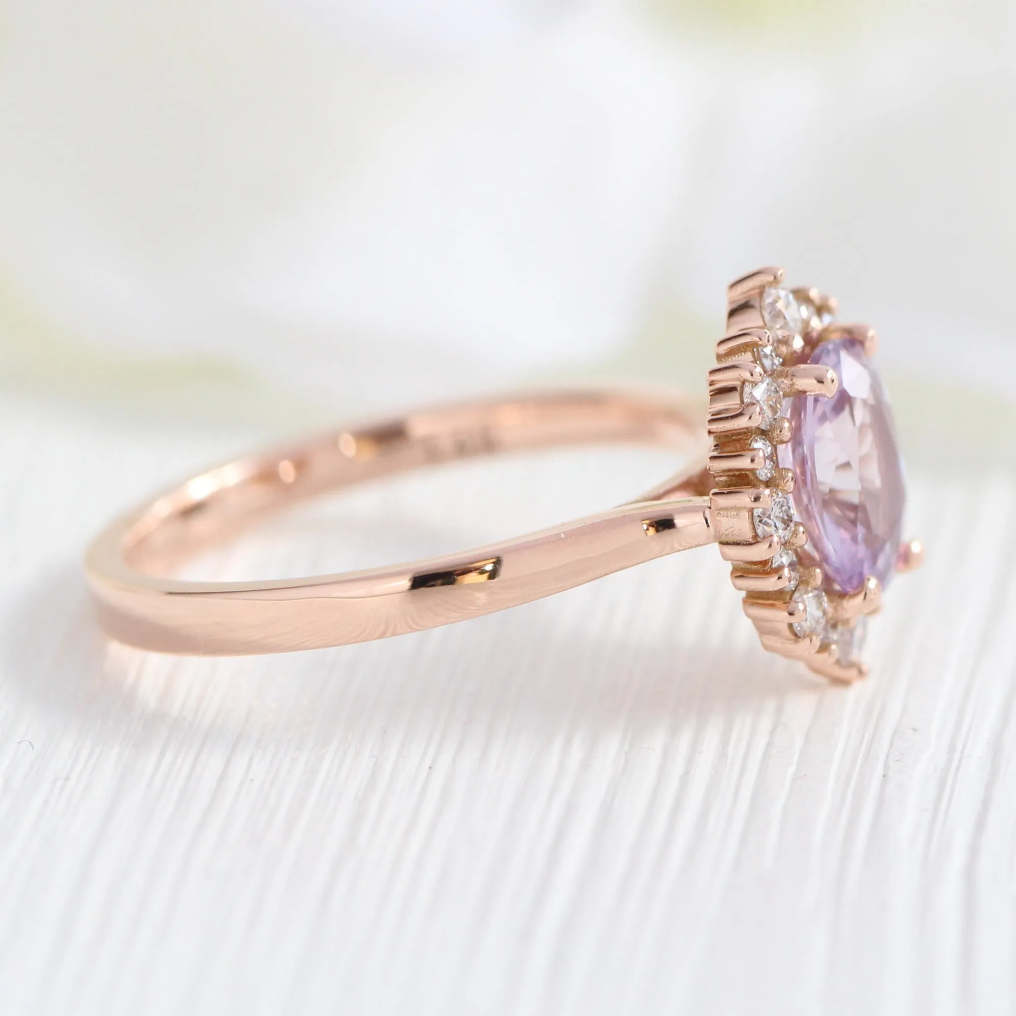 1.65 Ct Oval Lavender Sapphire Ring in 14k Rose Gold Tiara Halo Diamond, Size 6.5