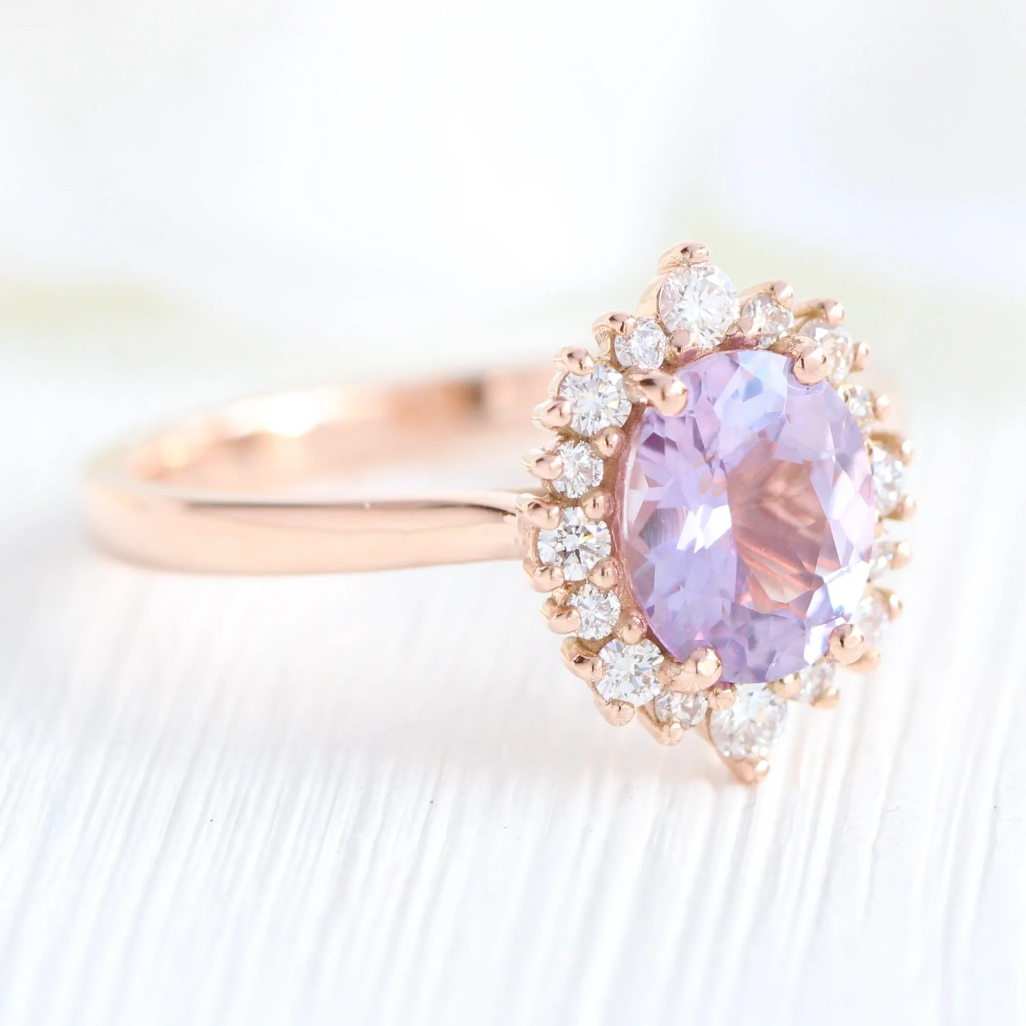 1.65 Ct Oval Lavender Sapphire Ring in 14k Rose Gold Tiara Halo Diamond, Size 6.5