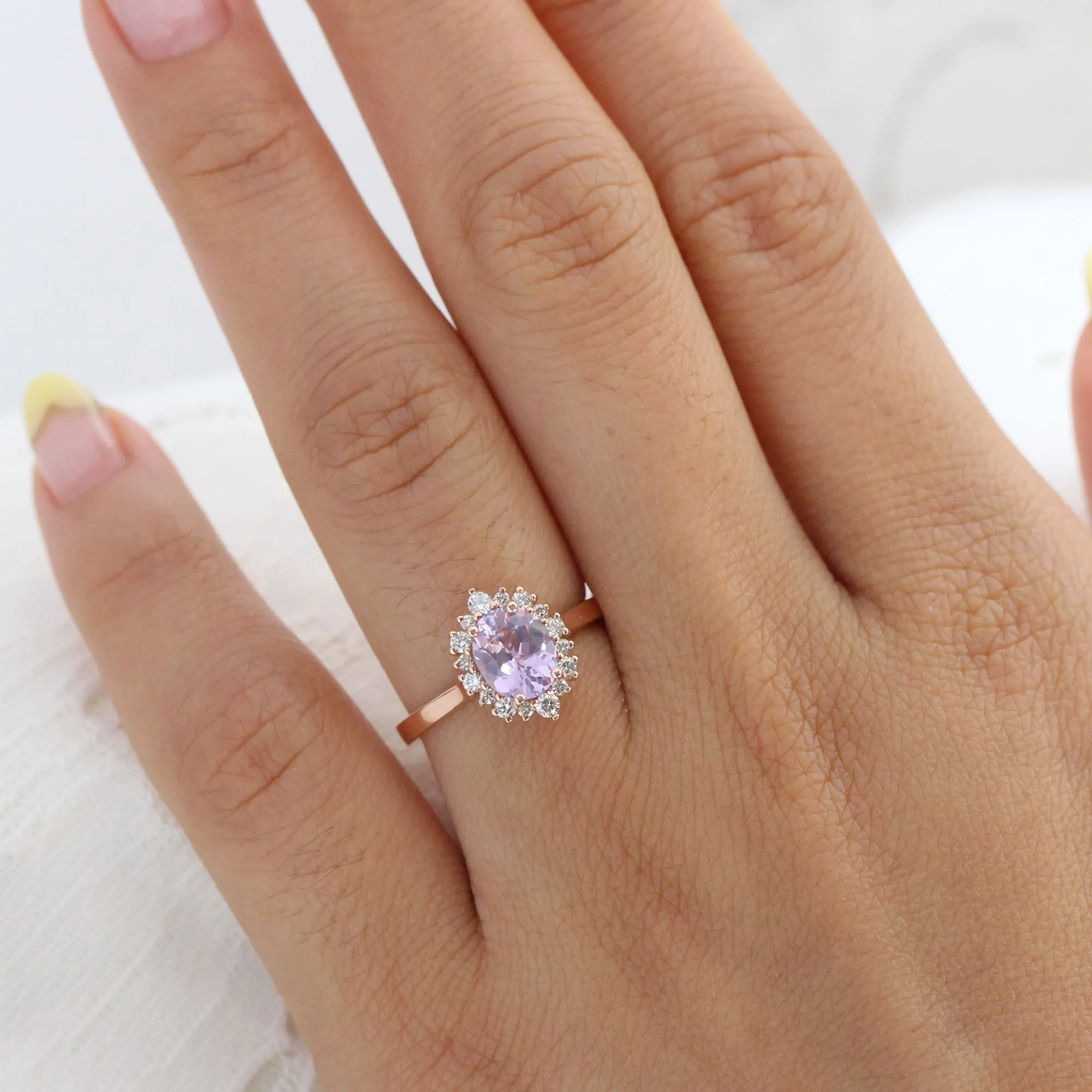 1.65 Ct Oval Lavender Sapphire Ring in 14k Rose Gold Tiara Halo Diamond, Size 6.5