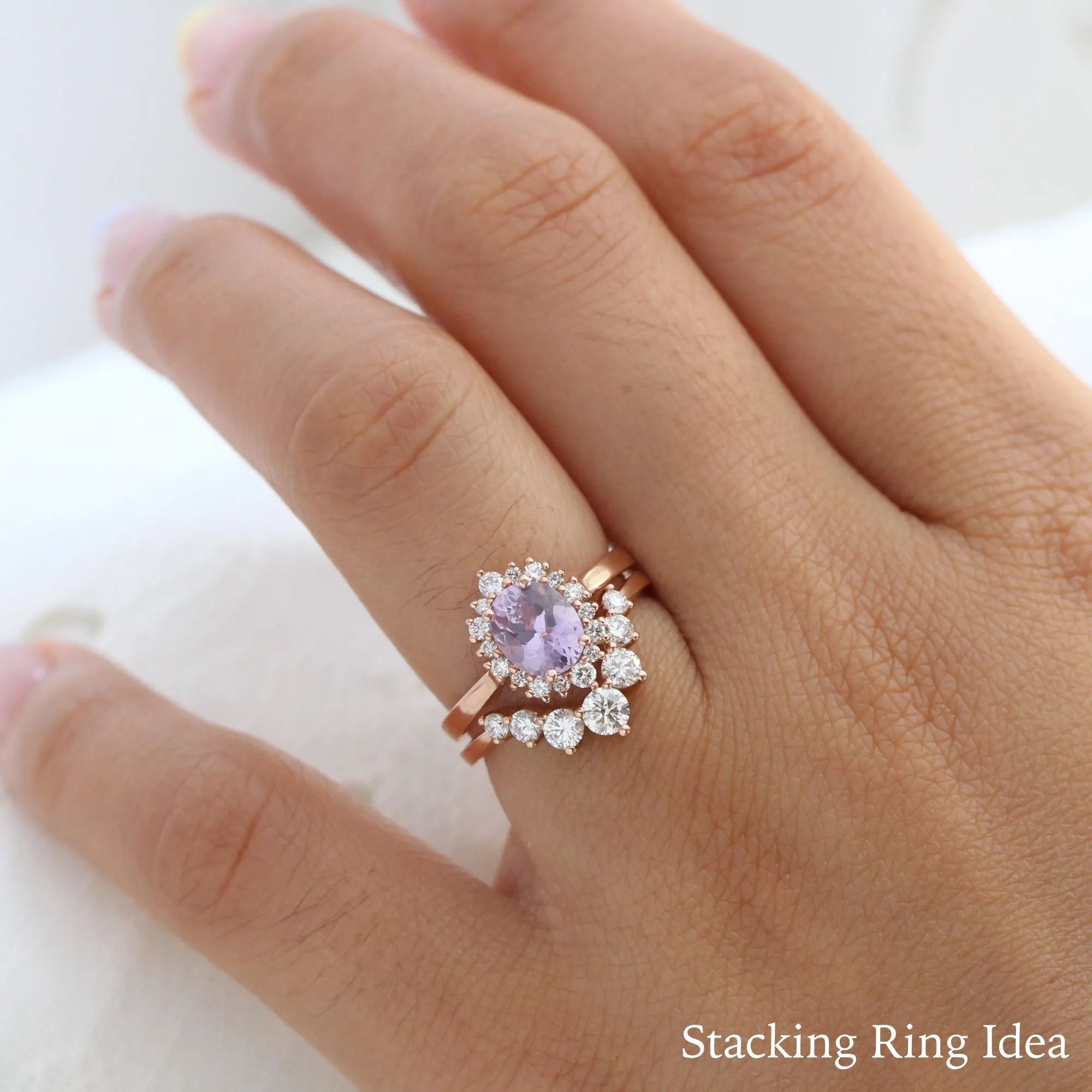 1.65 Ct Oval Lavender Sapphire Ring in 14k Rose Gold Tiara Halo Diamond, Size 6.5