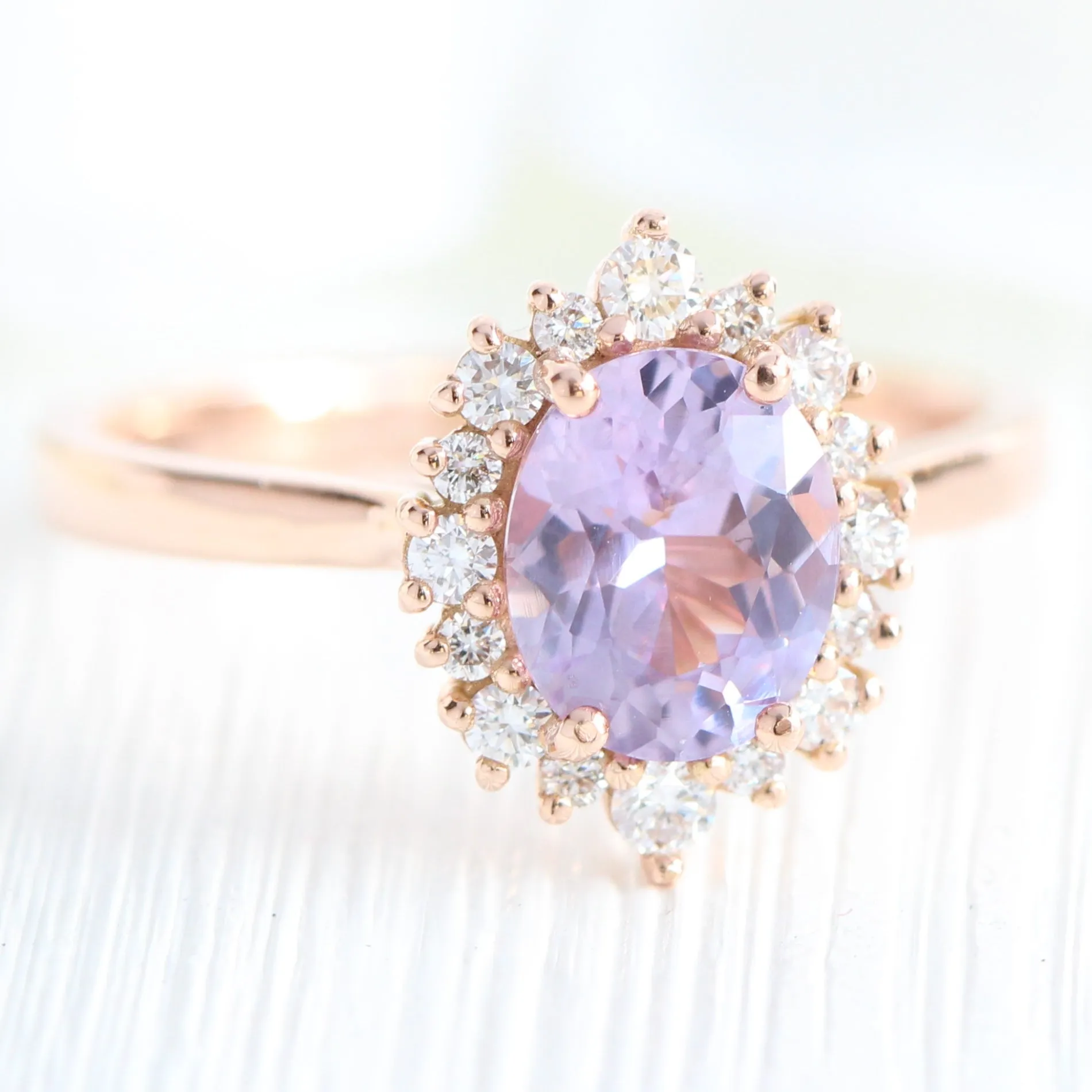 1.65 Ct Oval Lavender Sapphire Ring in 14k Rose Gold Tiara Halo Diamond, Size 6.5