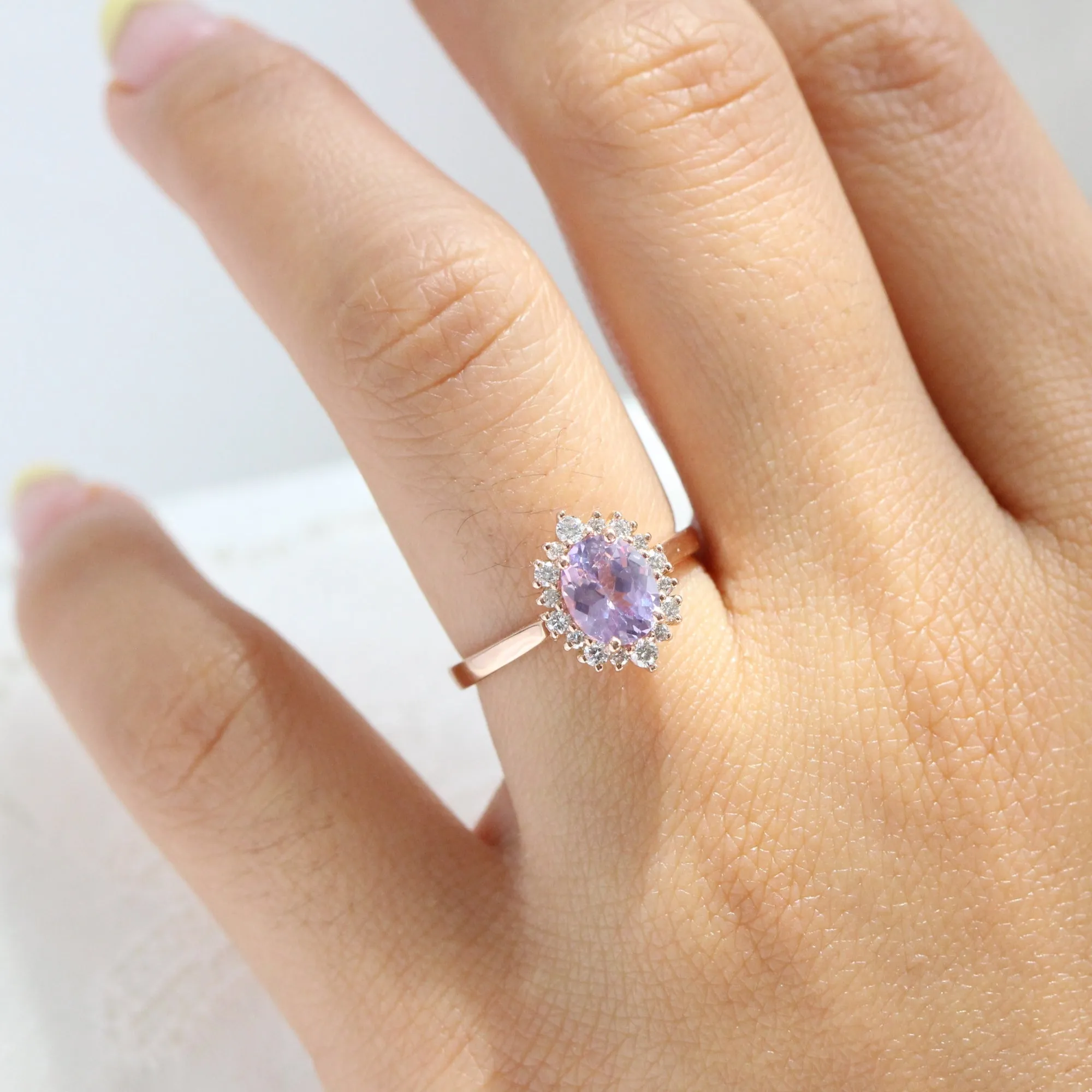 1.65 Ct Oval Lavender Sapphire Ring in 14k Rose Gold Tiara Halo Diamond, Size 6.5