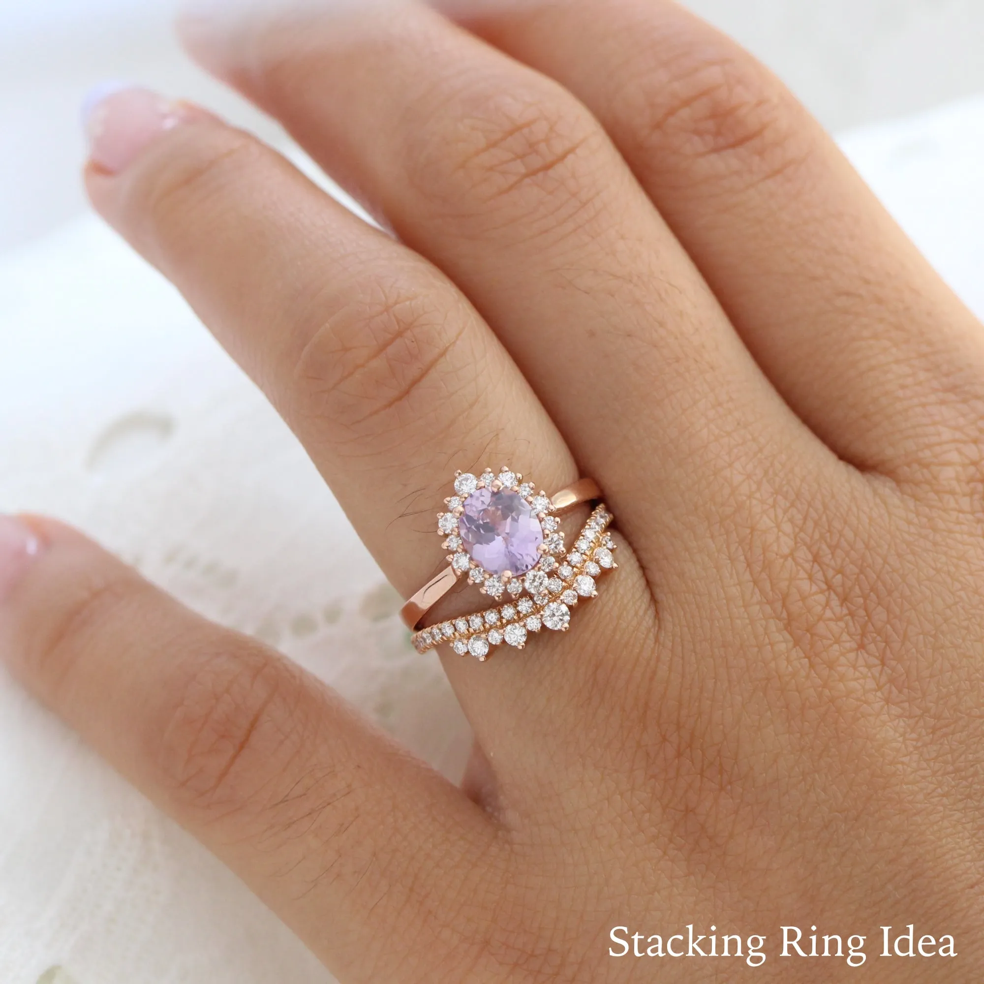 1.65 Ct Oval Lavender Sapphire Ring in 14k Rose Gold Tiara Halo Diamond, Size 6.5