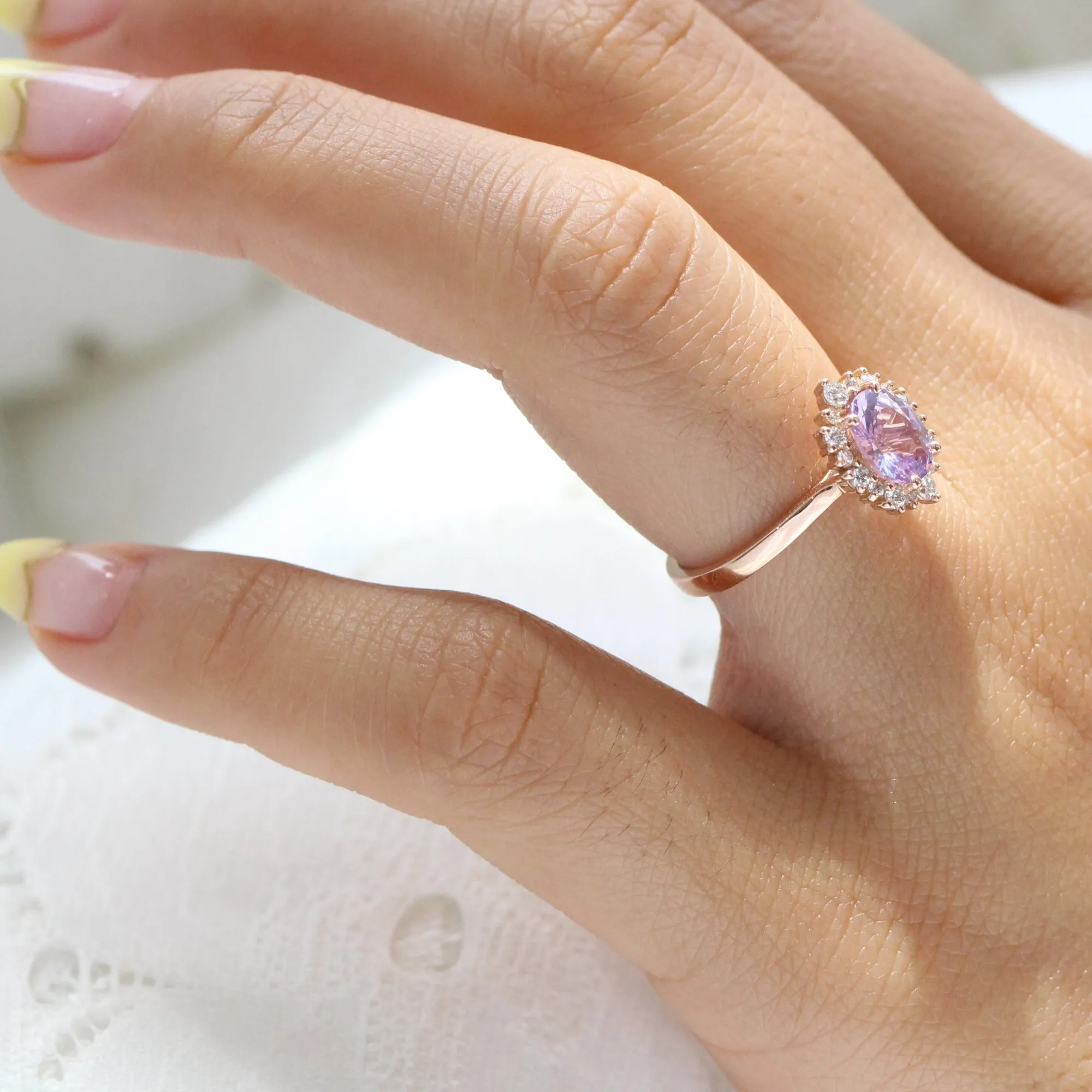 1.65 Ct Oval Lavender Sapphire Ring in 14k Rose Gold Tiara Halo Diamond, Size 6.5