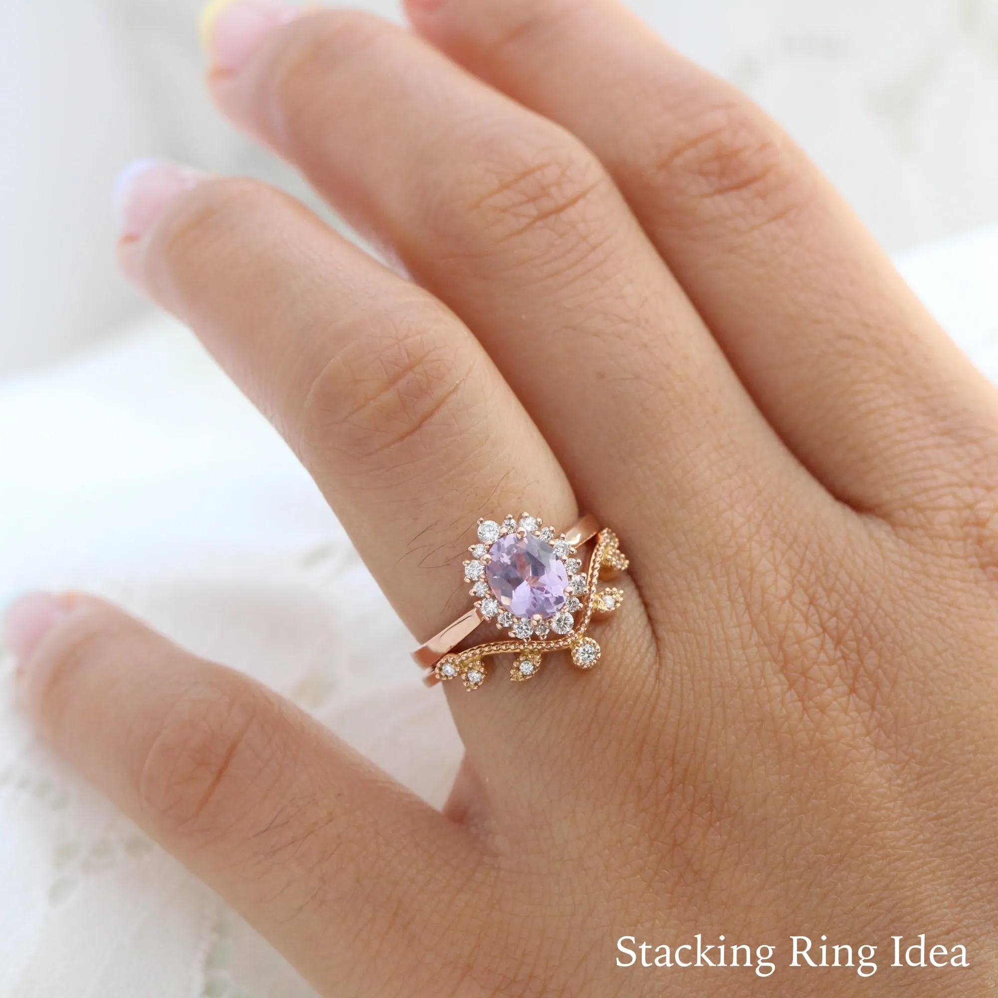 1.65 Ct Oval Lavender Sapphire Ring in 14k Rose Gold Tiara Halo Diamond, Size 6.5