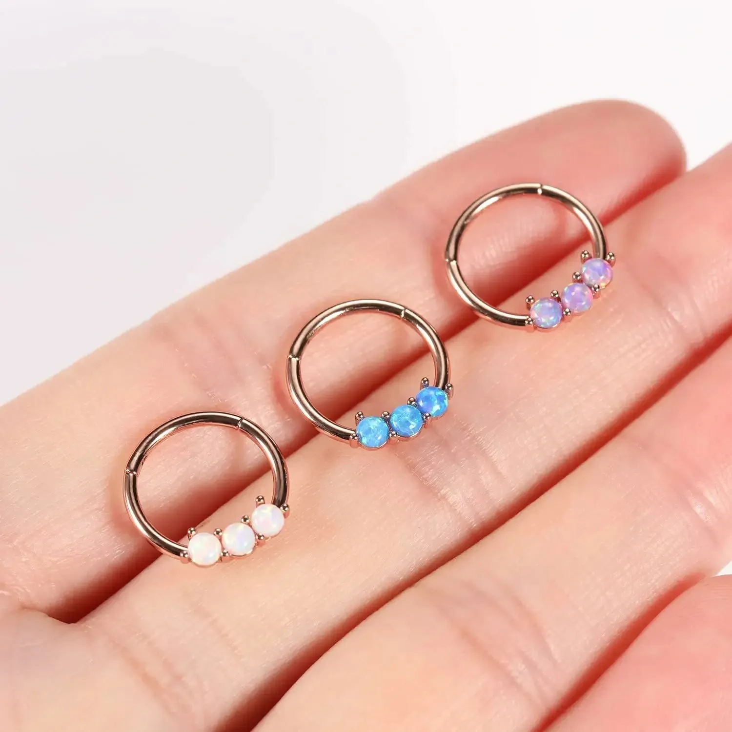 16G Rose Gold with White Opal 316L Medical Steel Hinged Earrings