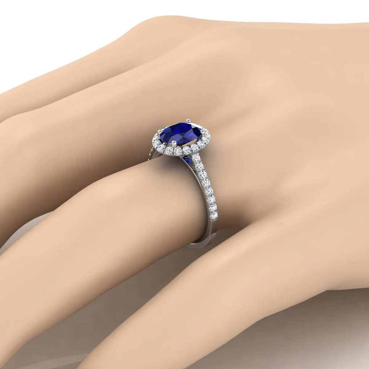 18K White Gold Oval Sapphire Petite Halo French Diamond Pave Engagement Ring -3/8ctw