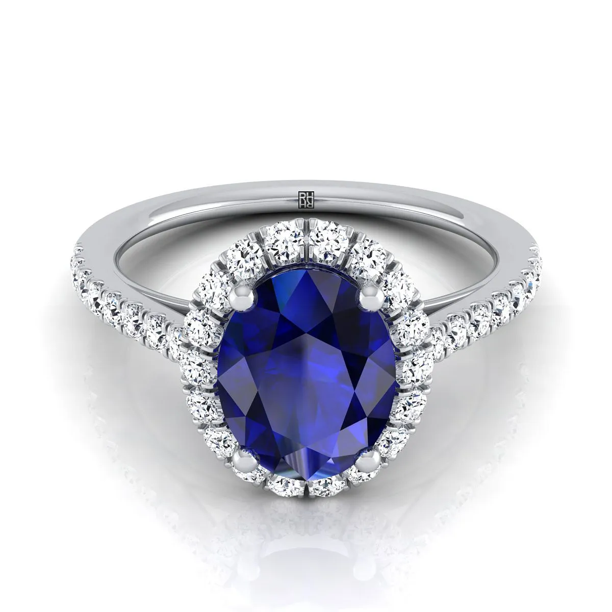 18K White Gold Oval Sapphire Petite Halo French Diamond Pave Engagement Ring -3/8ctw