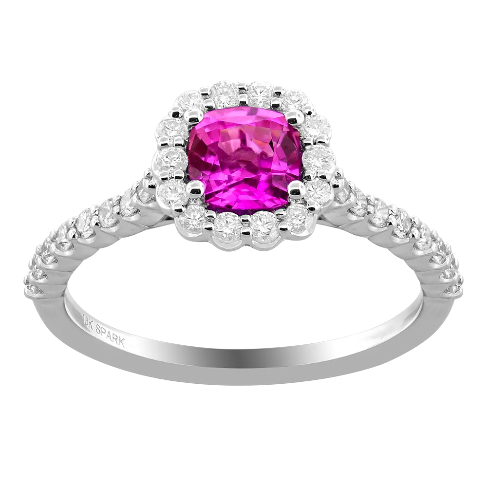 18K White Halo Pink Sapphire and Natural Diamond Ring Size 6.5