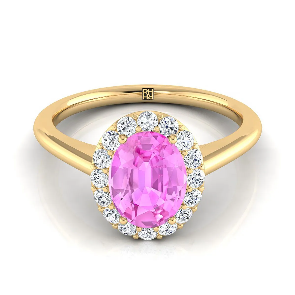 18K Yellow Gold Oval Pink Sapphire Shared Prong Diamond Halo Engagement Ring -1/5ctw