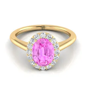 18K Yellow Gold Oval Pink Sapphire Shared Prong Diamond Halo Engagement Ring -1/5ctw