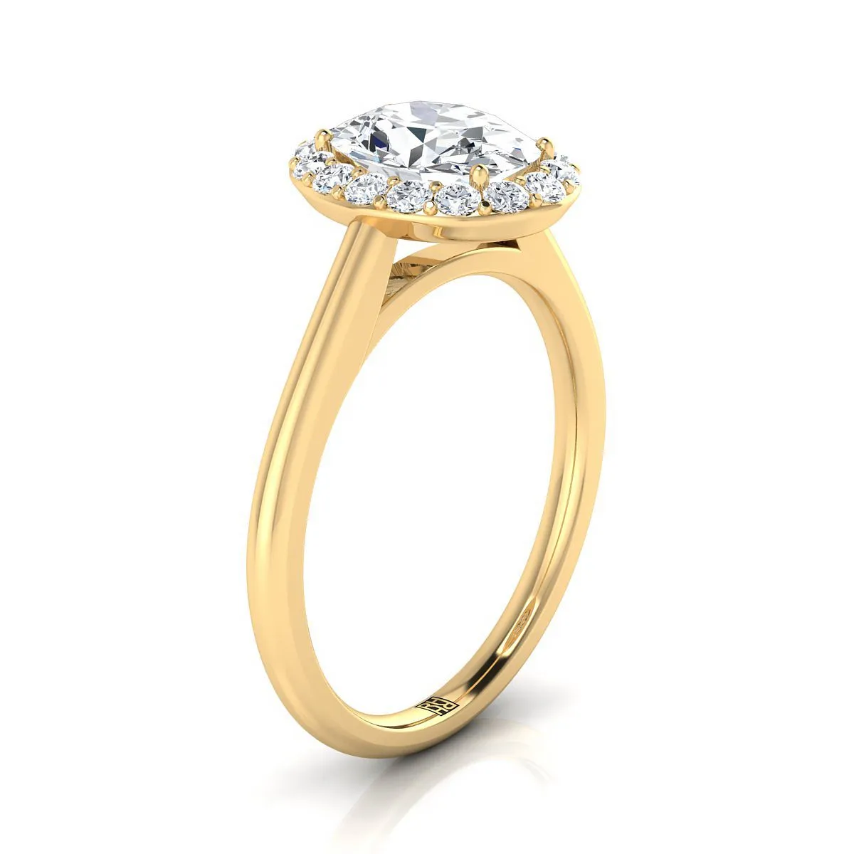 18K Yellow Gold Oval Pink Sapphire Shared Prong Diamond Halo Engagement Ring -1/5ctw