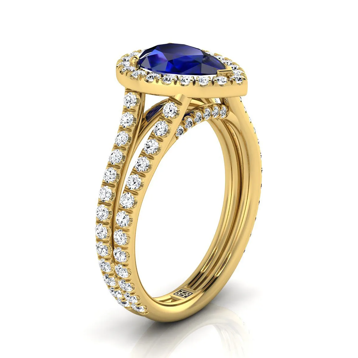 18K Yellow Gold Pear Shape Center Sapphire Halo Two Row Pavé Diamond Split Shank Engagement Ring -7/8ctw