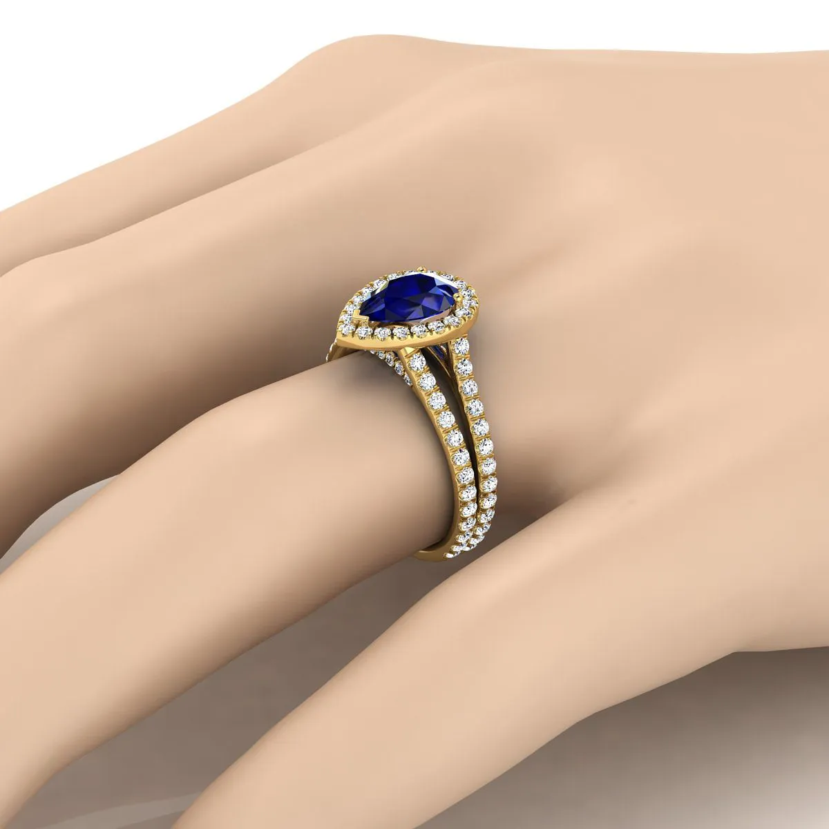 18K Yellow Gold Pear Shape Center Sapphire Halo Two Row Pavé Diamond Split Shank Engagement Ring -7/8ctw