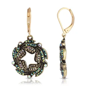 1928 Jewelry Peacock Plumage Art Nouveau Style Blue Iridescent AB Glass Wreath Drop Earrings