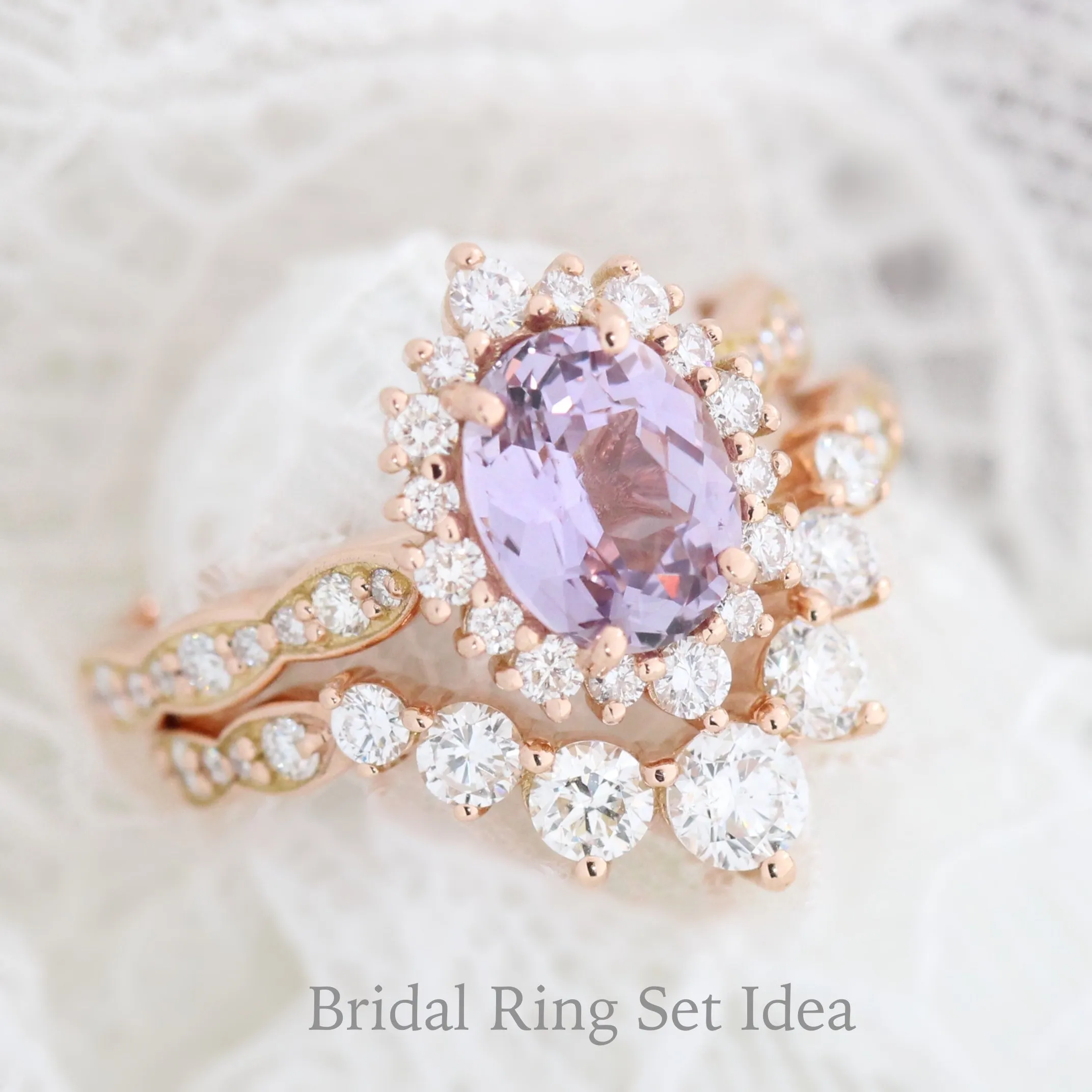 2.06 Ct Oval Lavender Sapphire Ring in 14k Rose Gold Tiara Halo Diamond, Size 6