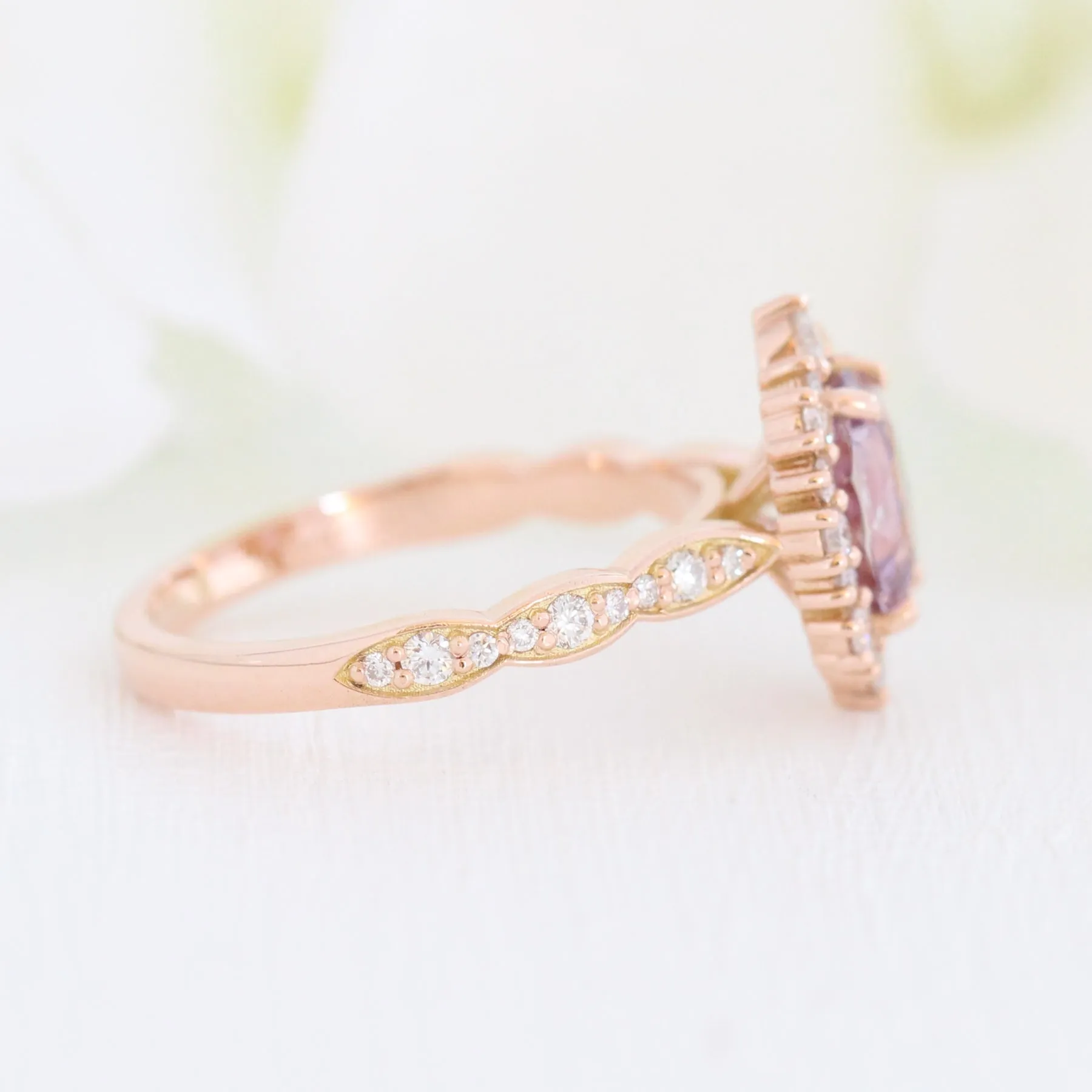 2.06 Ct Oval Lavender Sapphire Ring in 14k Rose Gold Tiara Halo Diamond, Size 6