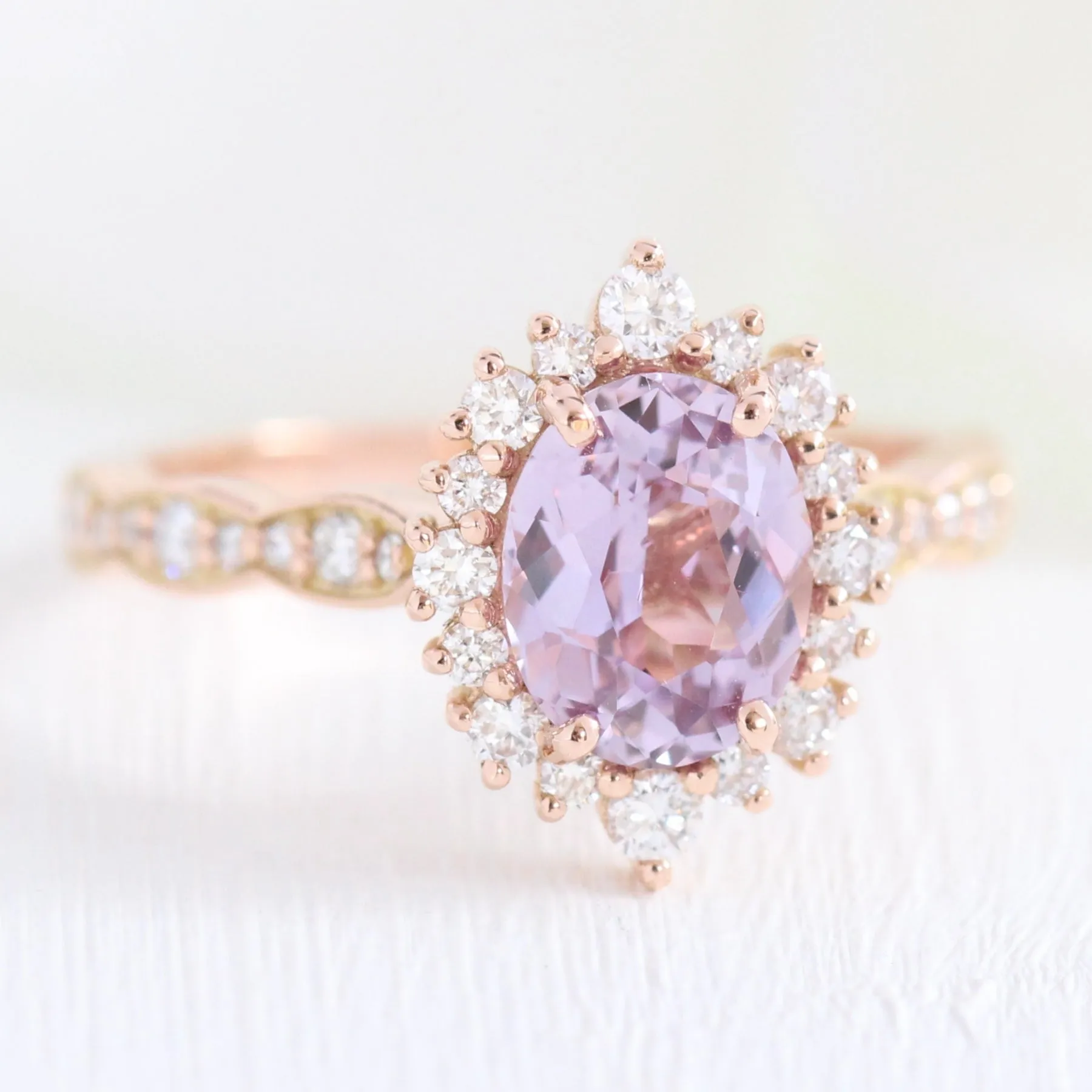 2.06 Ct Oval Lavender Sapphire Ring in 14k Rose Gold Tiara Halo Diamond, Size 6
