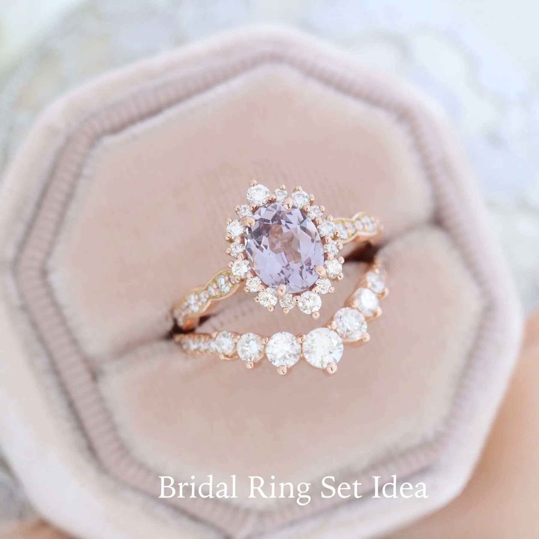 2.06 Ct Oval Lavender Sapphire Ring in 14k Rose Gold Tiara Halo Diamond, Size 6