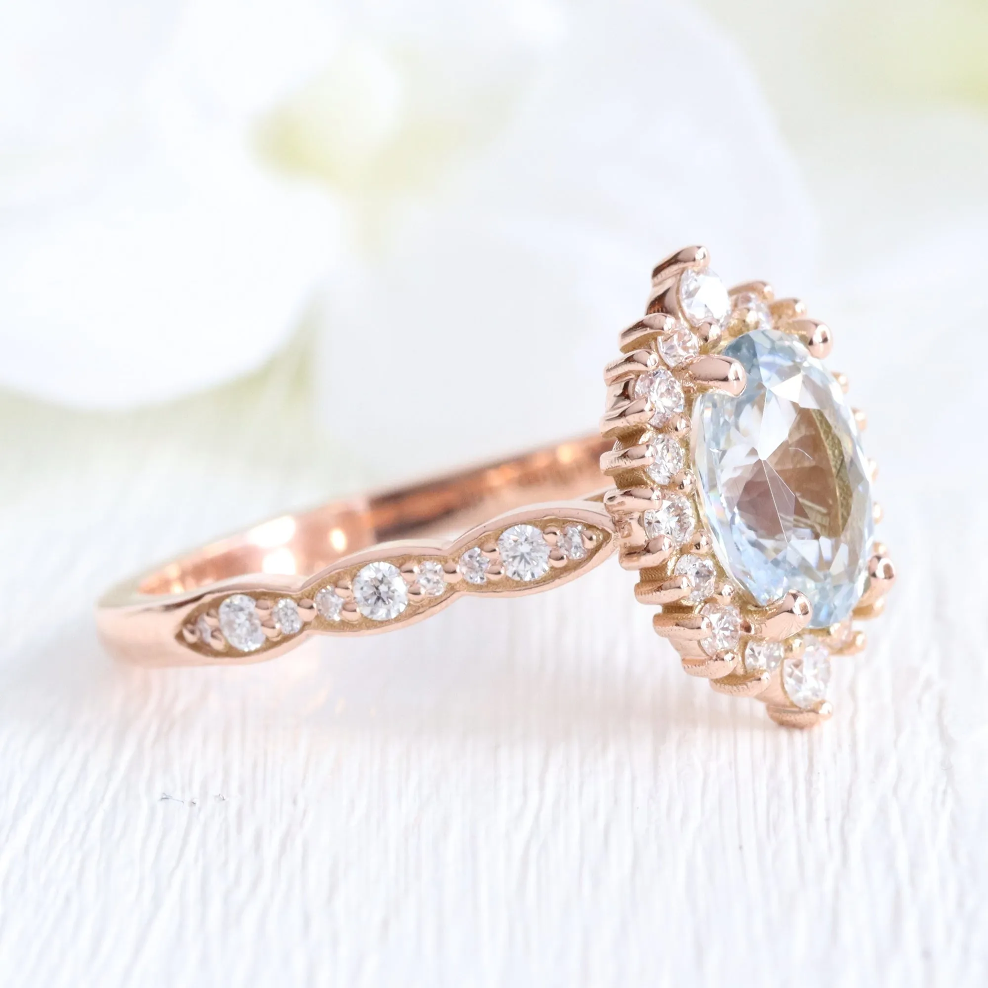 2.67 Ct Oval Aqua Blue Sapphire Ring in 14k Rose Gold Tiara Halo Diamond, Size 6.5