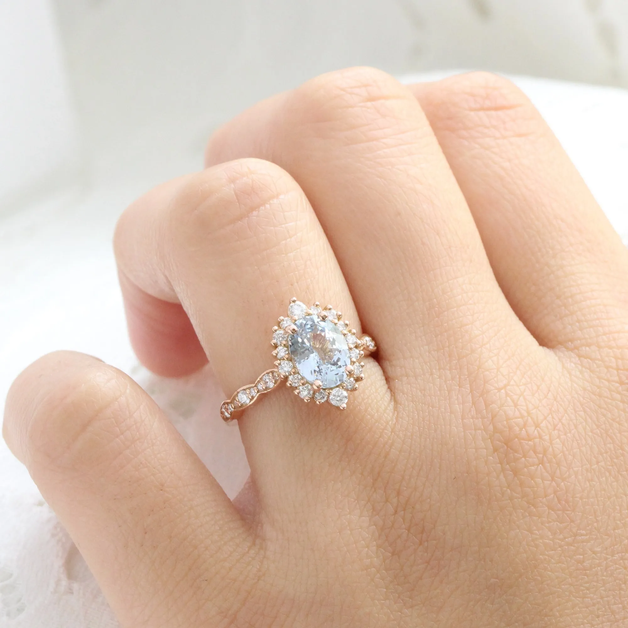 2.67 Ct Oval Aqua Blue Sapphire Ring in 14k Rose Gold Tiara Halo Diamond, Size 6.5