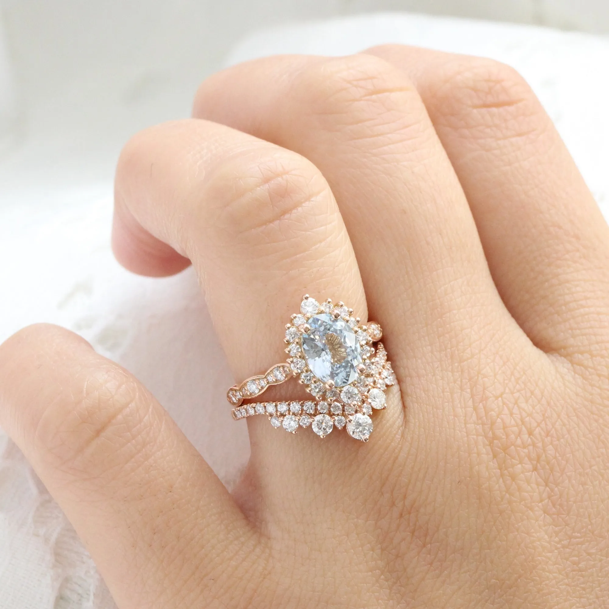 2.67 Ct Oval Aqua Blue Sapphire Ring in 14k Rose Gold Tiara Halo Diamond, Size 6.5