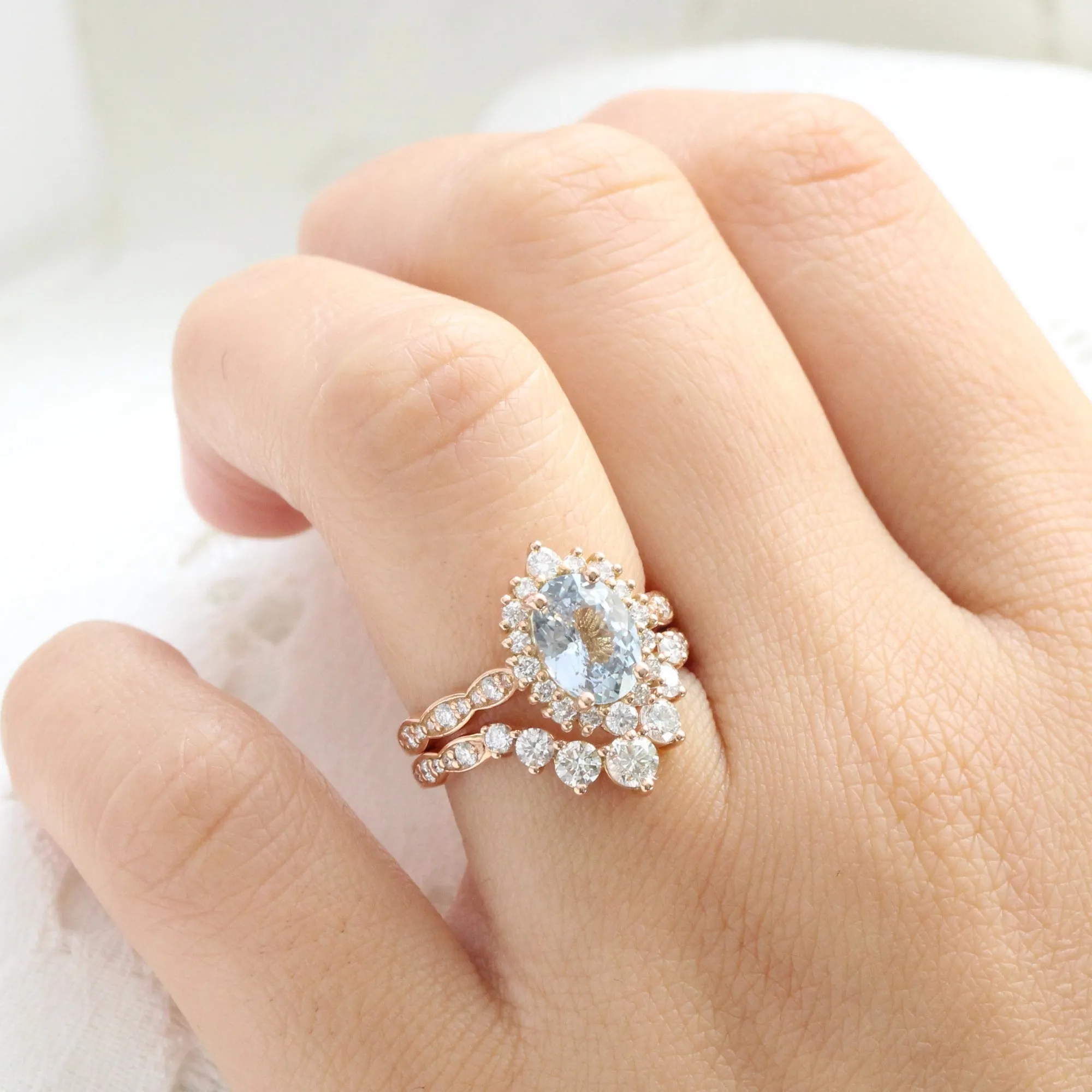 2.67 Ct Oval Aqua Blue Sapphire Ring in 14k Rose Gold Tiara Halo Diamond, Size 6.5