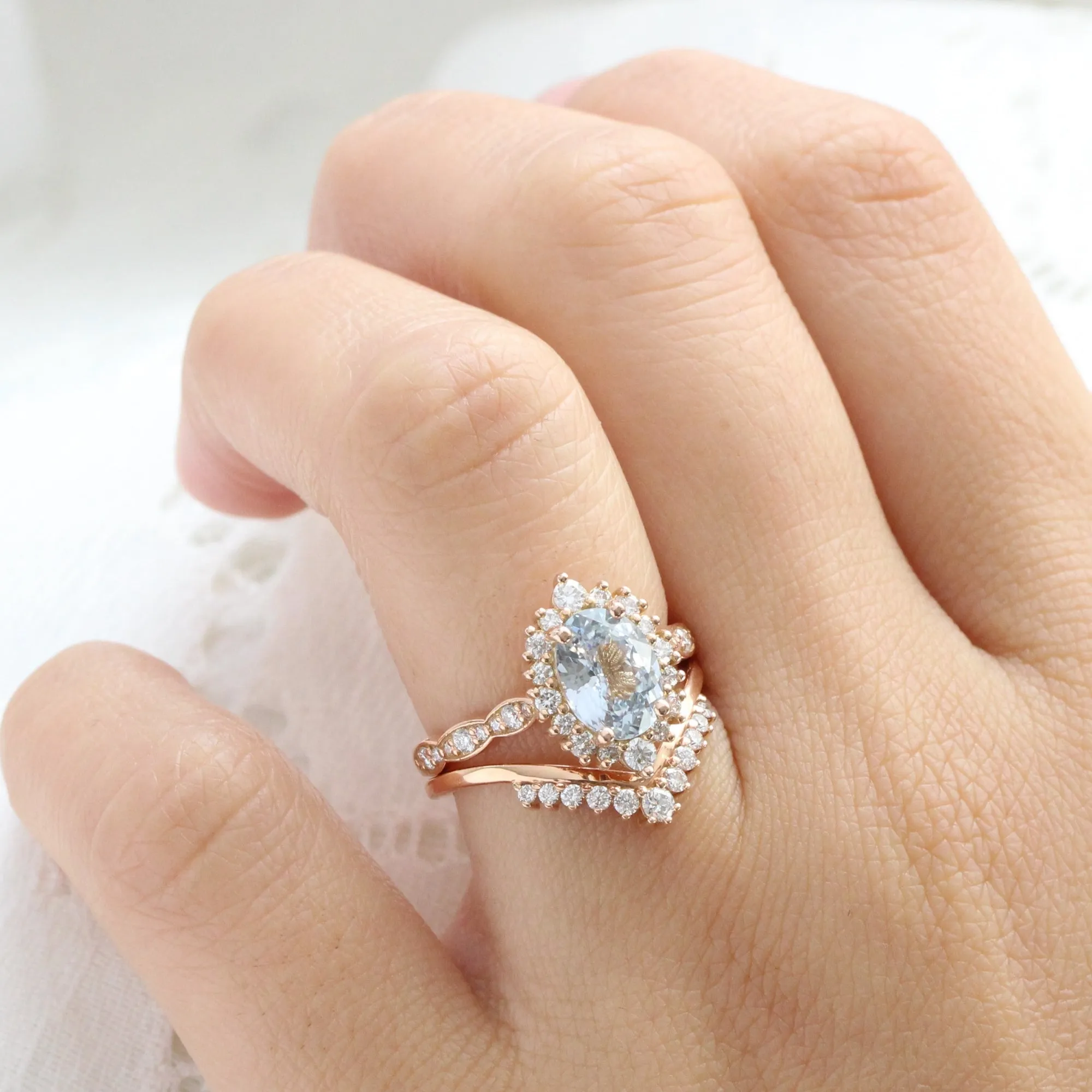 2.67 Ct Oval Aqua Blue Sapphire Ring in 14k Rose Gold Tiara Halo Diamond, Size 6.5