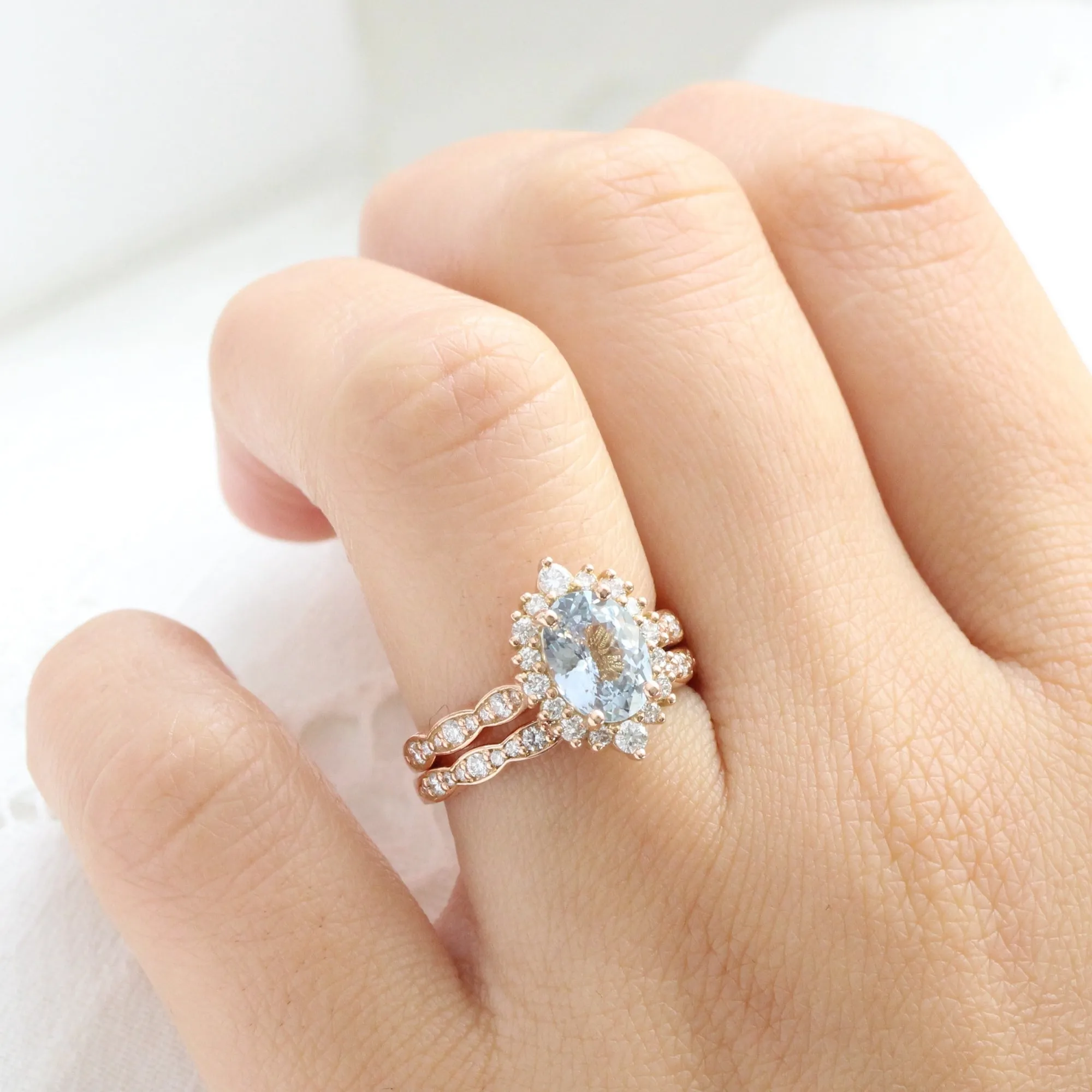 2.67 Ct Oval Aqua Blue Sapphire Ring in 14k Rose Gold Tiara Halo Diamond, Size 6.5