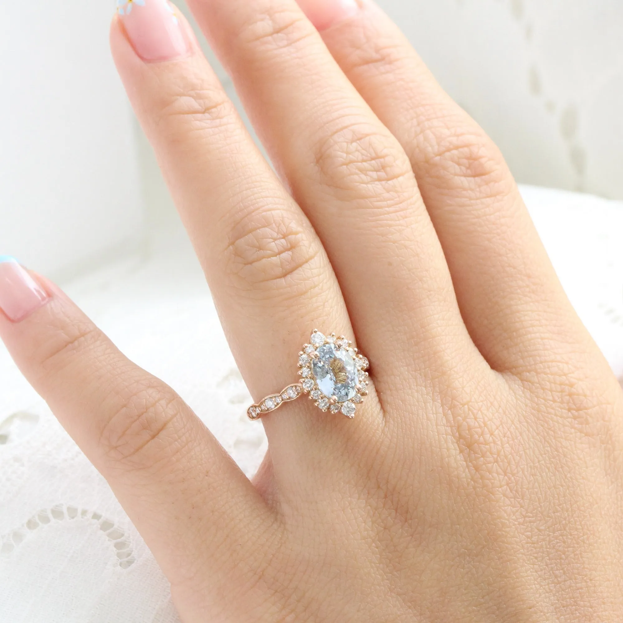2.67 Ct Oval Aqua Blue Sapphire Ring in 14k Rose Gold Tiara Halo Diamond, Size 6.5