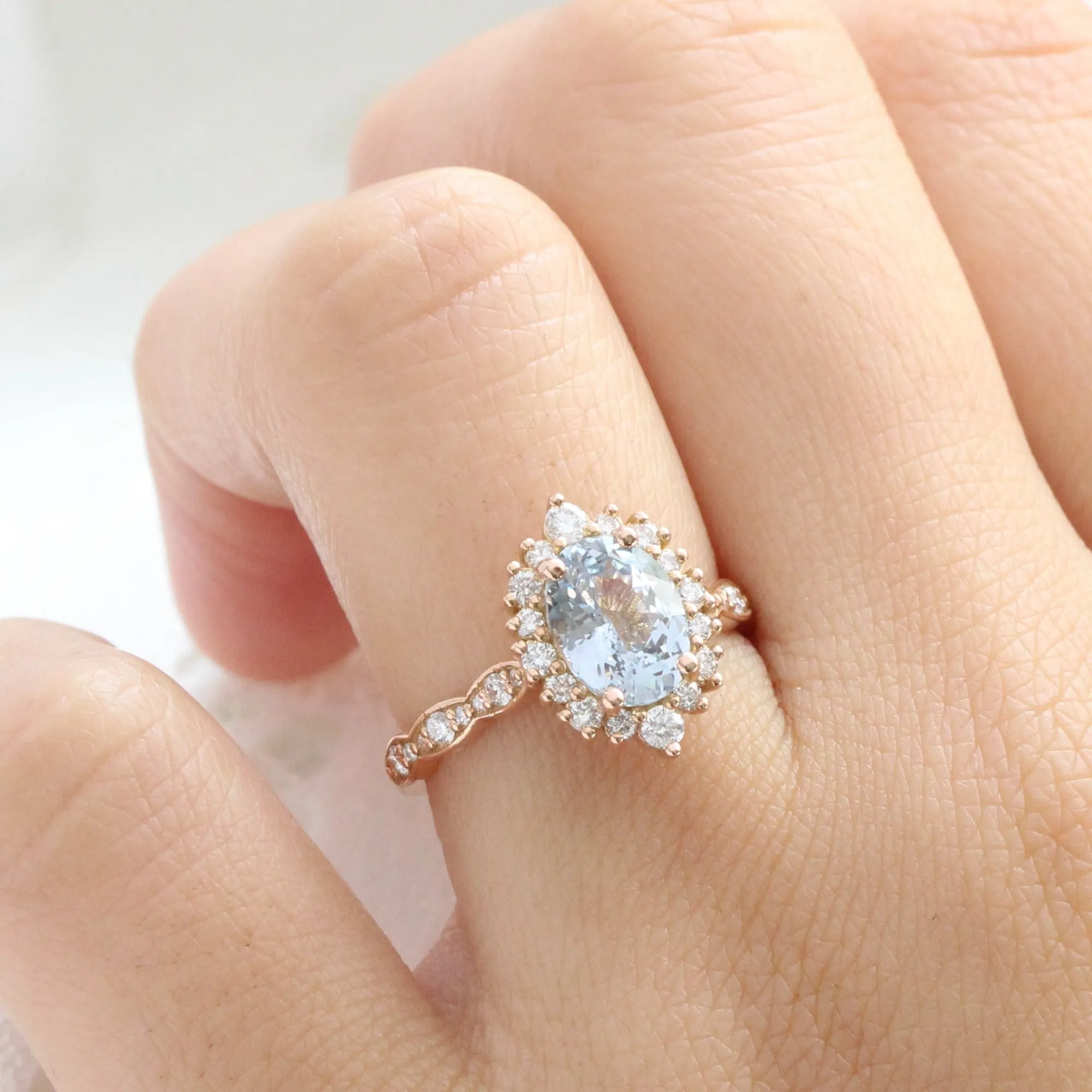 2.67 Ct Oval Aqua Blue Sapphire Ring in 14k Rose Gold Tiara Halo Diamond, Size 6.5