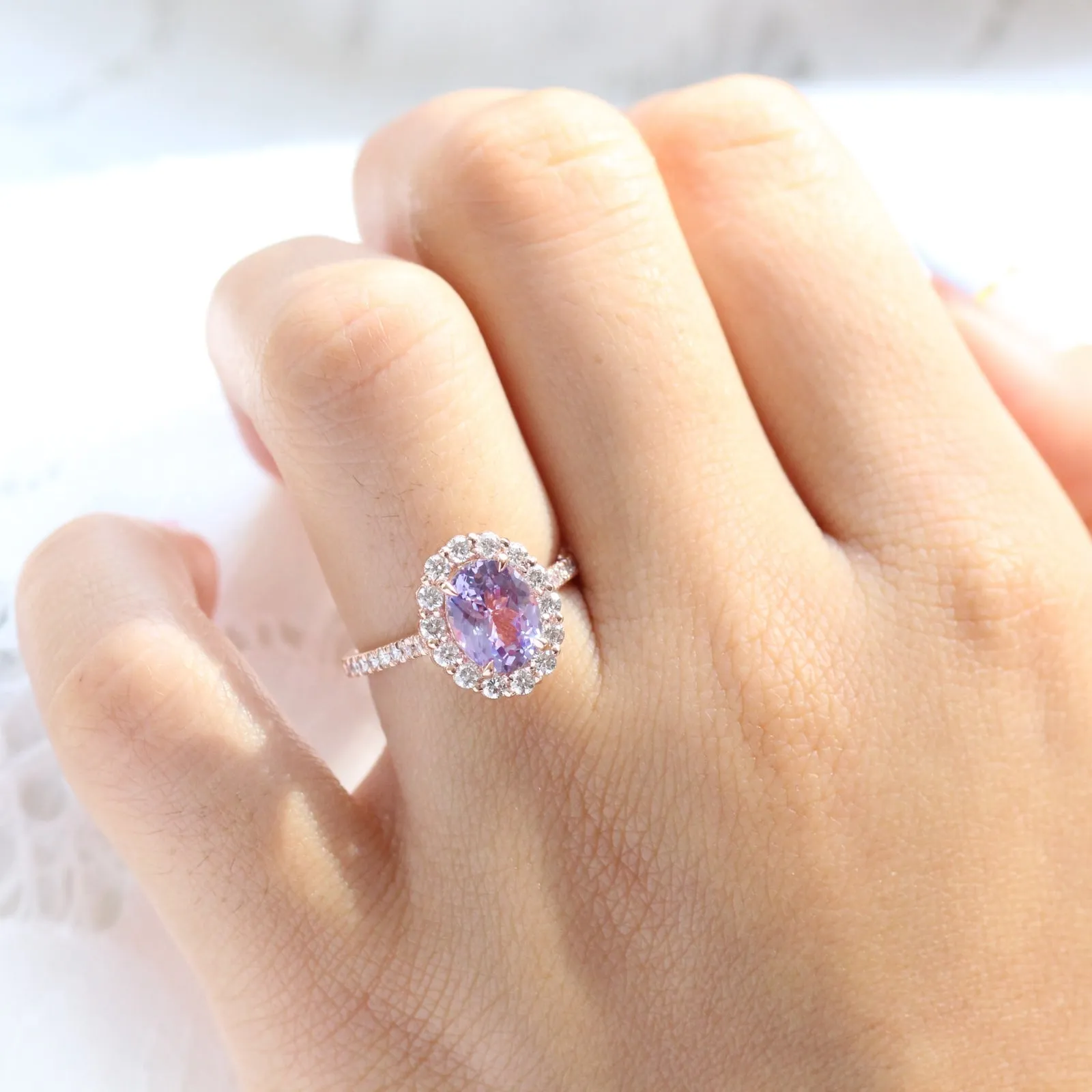 3.21 Ct Large Lavender Sapphire Ring in 14k Rose Gold Halo Pave Diamond, Size 6.25
