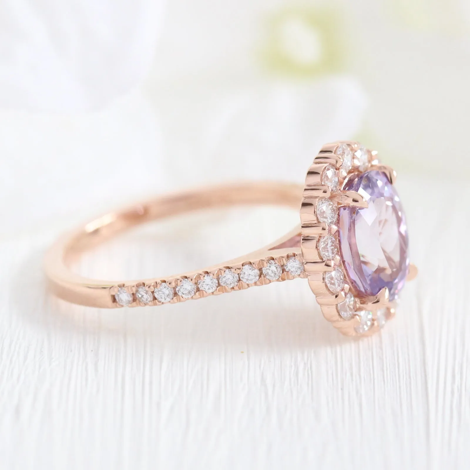 3.21 Ct Large Lavender Sapphire Ring in 14k Rose Gold Halo Pave Diamond, Size 6.25