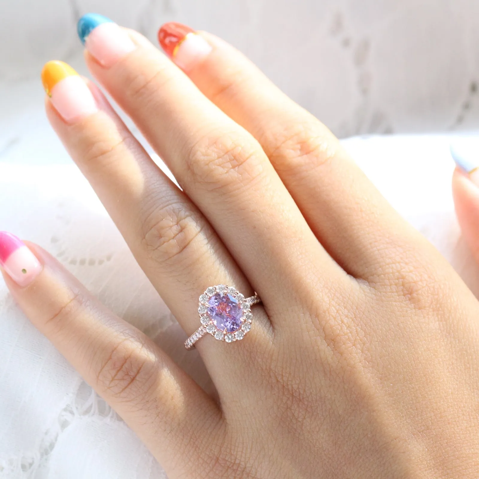 3.21 Ct Large Lavender Sapphire Ring in 14k Rose Gold Halo Pave Diamond, Size 6.25