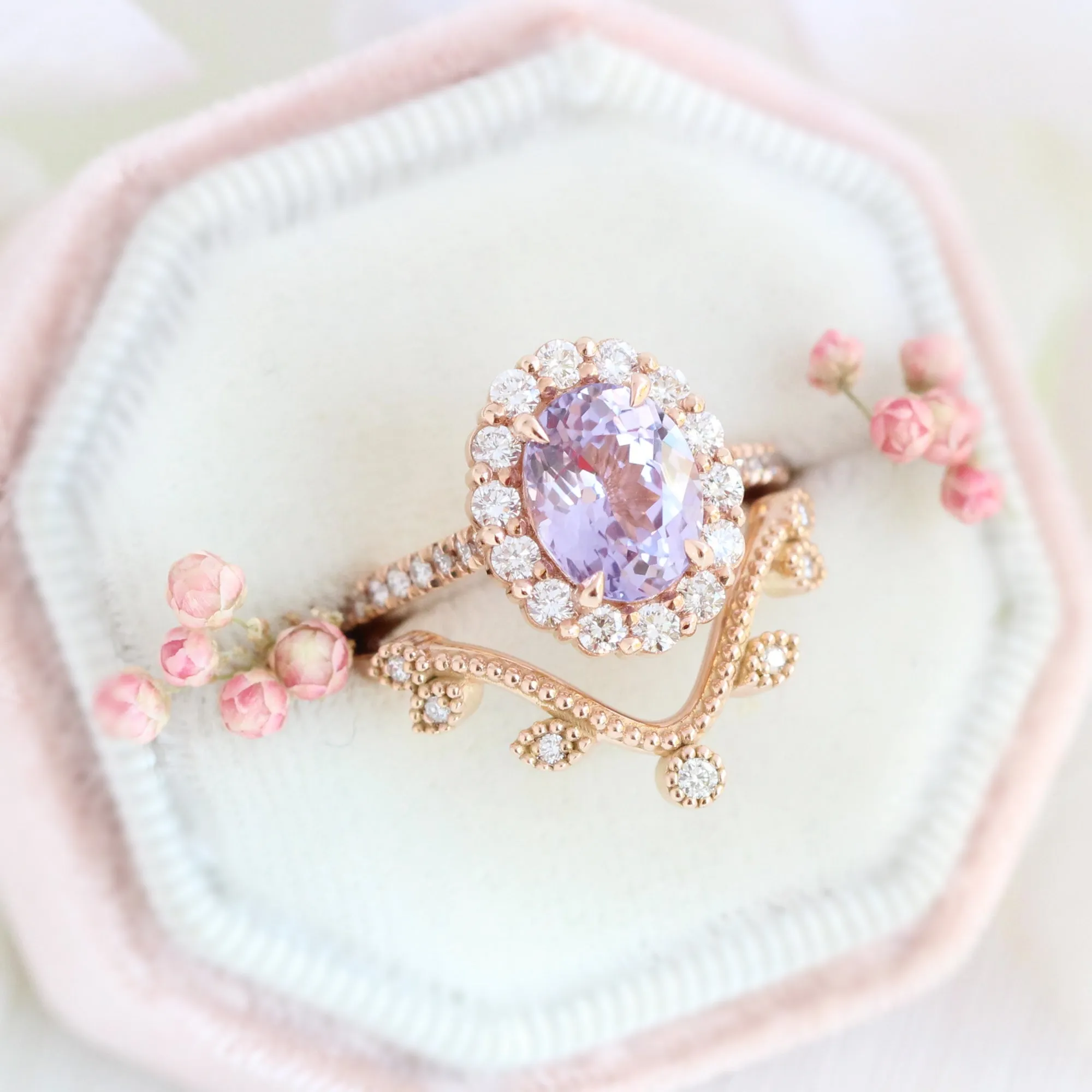 3.21 Ct Large Lavender Sapphire Ring in 14k Rose Gold Halo Pave Diamond, Size 6.25