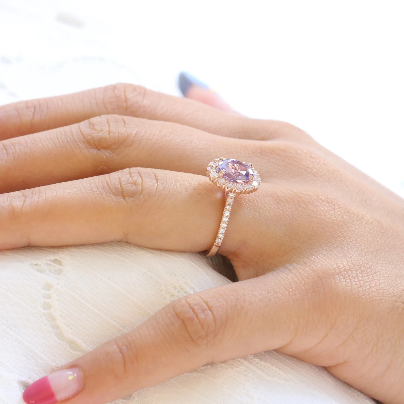 3.21 Ct Large Lavender Sapphire Ring in 14k Rose Gold Halo Pave Diamond, Size 6.25