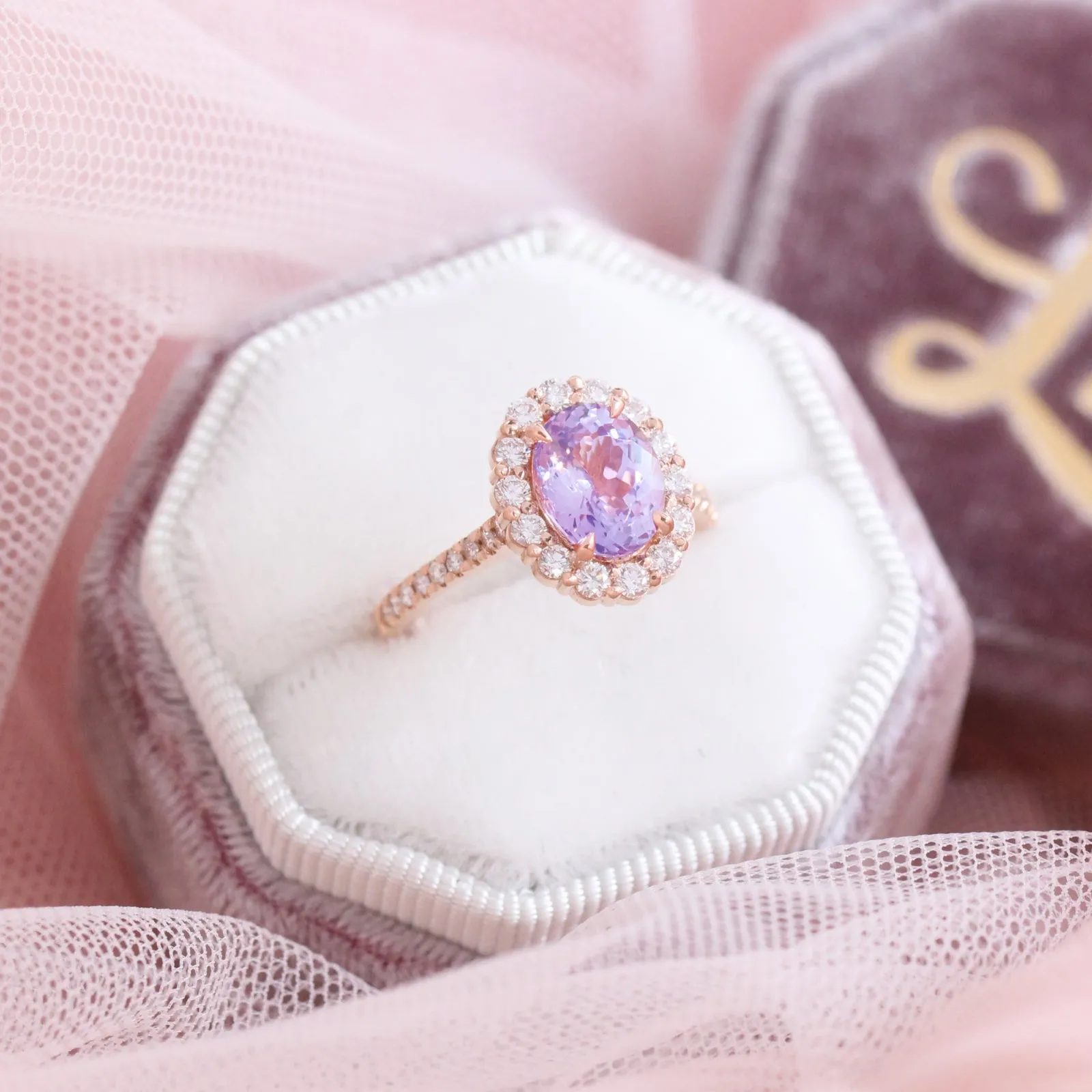 3.21 Ct Large Lavender Sapphire Ring in 14k Rose Gold Halo Pave Diamond, Size 6.25