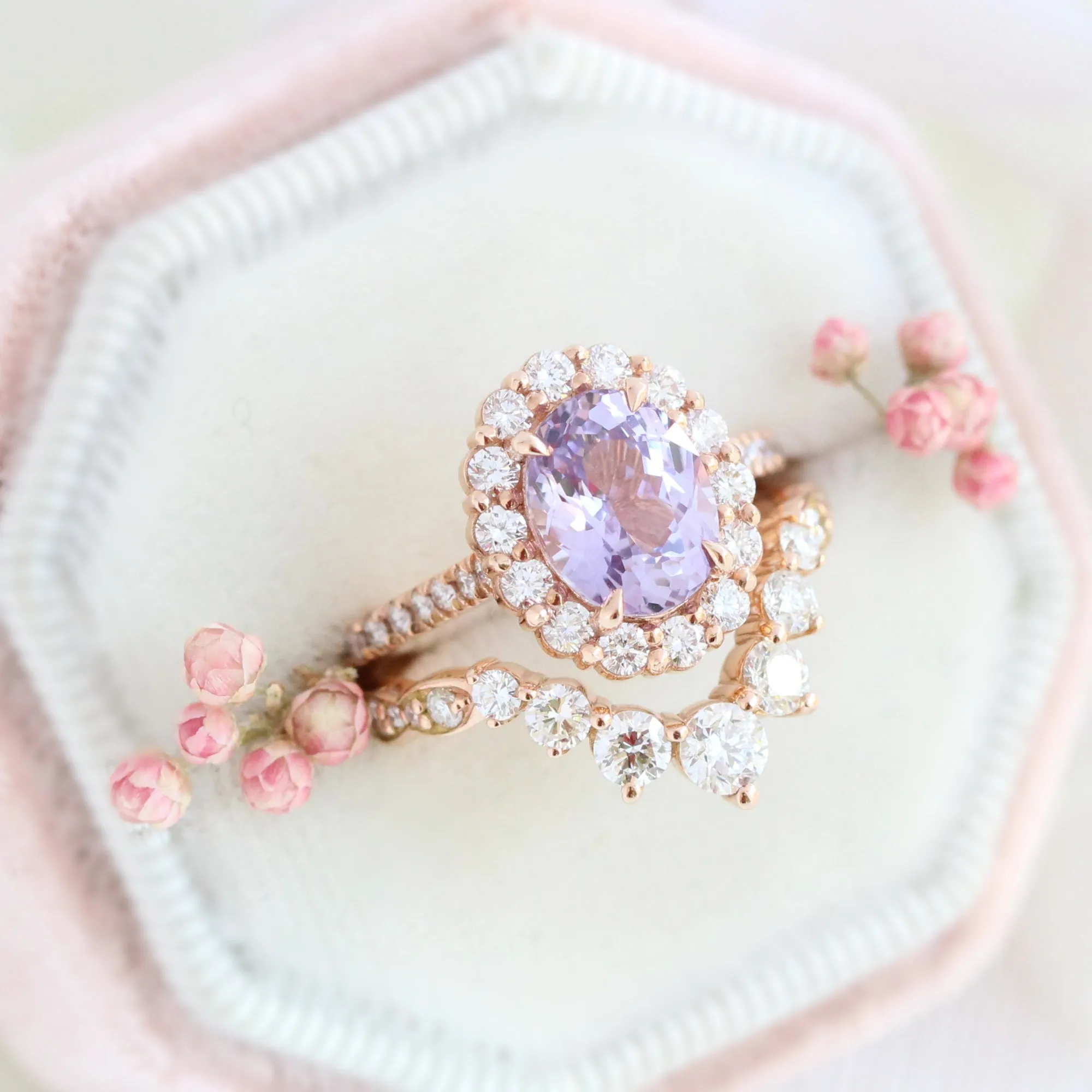 3.21 Ct Large Lavender Sapphire Ring in 14k Rose Gold Halo Pave Diamond, Size 6.25