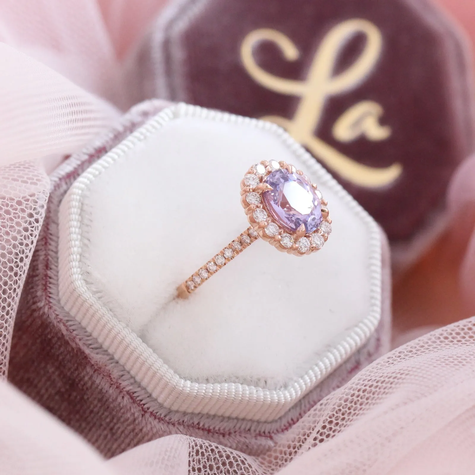 3.21 Ct Large Lavender Sapphire Ring in 14k Rose Gold Halo Pave Diamond, Size 6.25
