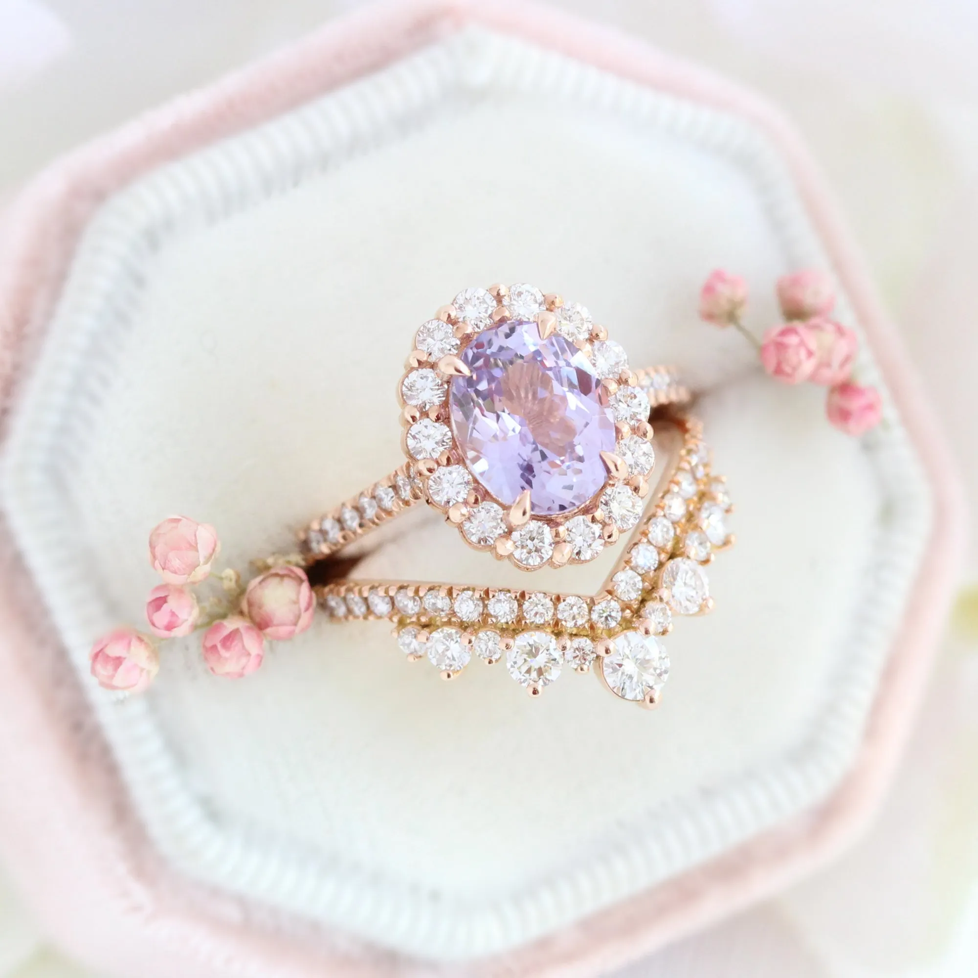 3.21 Ct Large Lavender Sapphire Ring in 14k Rose Gold Halo Pave Diamond, Size 6.25