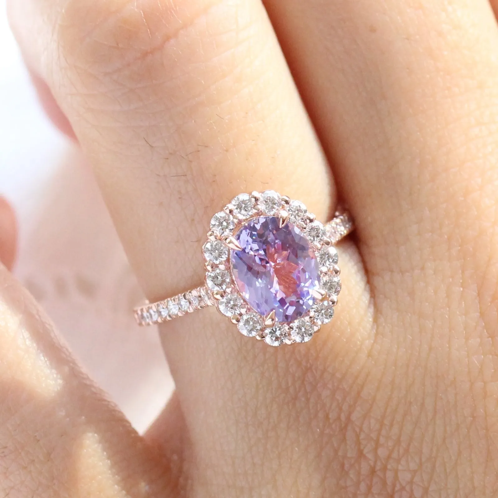 3.21 Ct Large Lavender Sapphire Ring in 14k Rose Gold Halo Pave Diamond, Size 6.25
