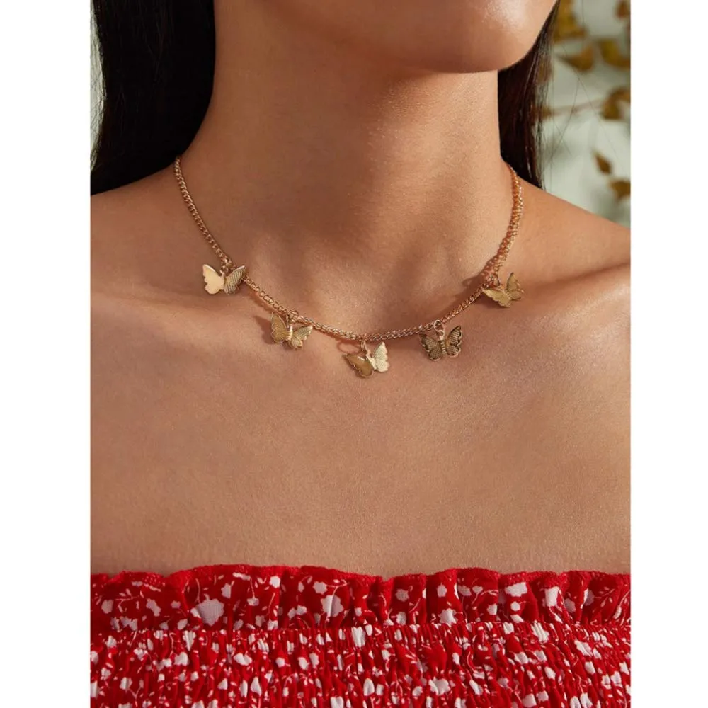 4 Sets Layered Choker Necklace Gold Butterfly Star Moon Heart Pendant Necklace Cute Vsco Multilayer Chain Choker Necklace for women teen girl Butterfly Gold