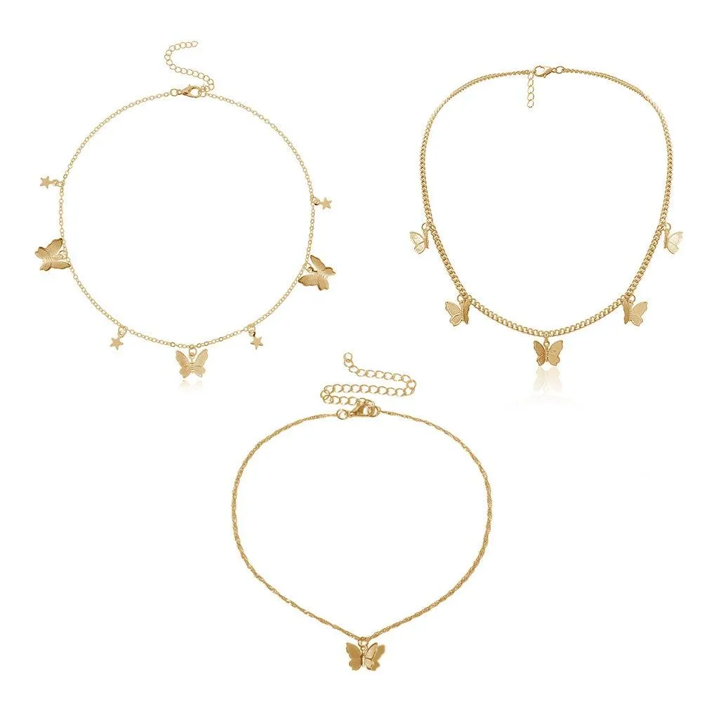 4 Sets Layered Choker Necklace Gold Butterfly Star Moon Heart Pendant Necklace Cute Vsco Multilayer Chain Choker Necklace for women teen girl Butterfly Gold