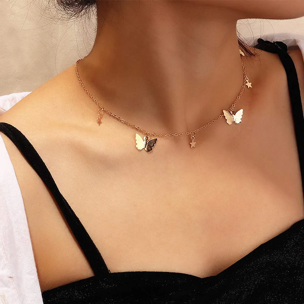 4 Sets Layered Choker Necklace Gold Butterfly Star Moon Heart Pendant Necklace Cute Vsco Multilayer Chain Choker Necklace for women teen girl Butterfly Gold