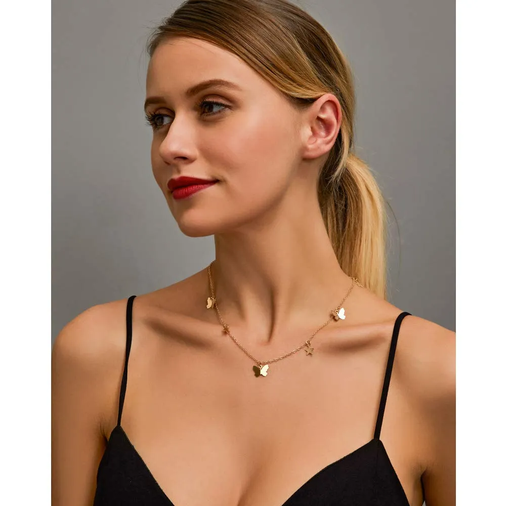 4 Sets Layered Choker Necklace Gold Butterfly Star Moon Heart Pendant Necklace Cute Vsco Multilayer Chain Choker Necklace for women teen girl Butterfly Gold