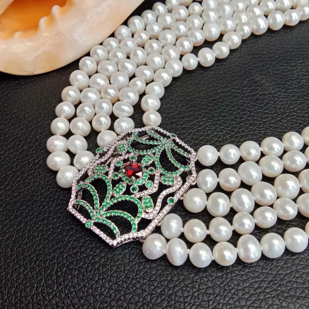 5 Strands Freshwater Cultured White Pearl Necklace Multi Color